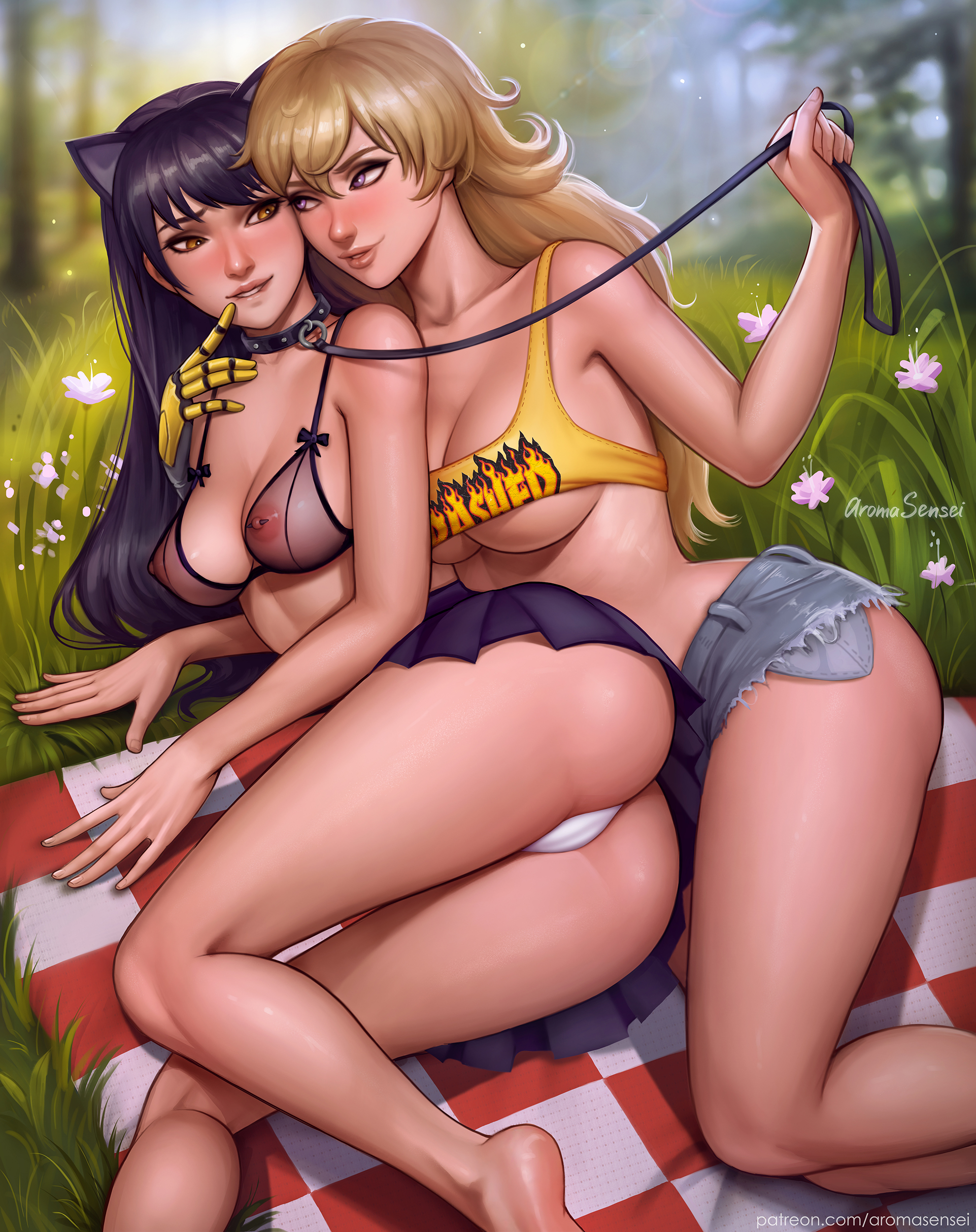 2girls, animal ears, arm support, aroma sensei, artist name, ass, bare legs, bare shoulders, biting, biting lip, black collar, black hair, blake belladonna, blanket, blonde hair, blurry, blurry background, blush, bra, breasts, canon couple, cleavage, collar, collarbone, couple, crop top, day, denim, denim shorts, depth of field, duo, erect nipples, erect nipples under clothes, eye contact, fake animal ears, feet, female, female only, flower, forest, grass, large breasts, leash, legs, lips, long hair, looking at another, lying, mechanical arm, medium breasts, midriff, miniskirt, multiple females, multiple girls, mutual yuri, nature, neck, nipple piercings, nipples, nipples visible through clothing, no bra, on side, outdoors, panties, parted lips, piercing, pleated skirt, prosthesis, prosthetic arm, purple eyes, romantic, rwby, see-through, short shorts, shorts, skirt, tank top, thighs, underboob, underwear, web address, white panties, white underwear, yang xiao long, yellow eyes, yellow tank top, yuri