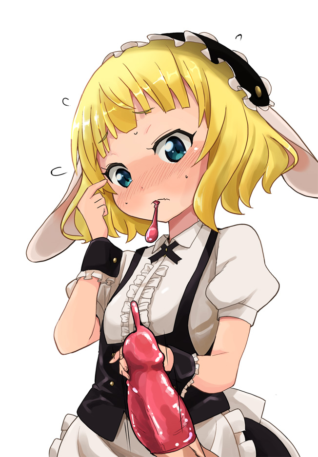 1boy 1girls blonde_hair blush condom_in_mouth condom_on_penis condoms erect_penis erection female gochuumon_wa_usagi_desu_ka? handjob kirima_sharo light-skinned_female light-skinned_male light_skin looking_at_penis looking_down maid maid_headdress mouth_hold penis puffy_short_sleeves puffy_sleeves red_condoms sasaki_bullet shiny short_sleeves simple_background solo_focus used_condom white_background