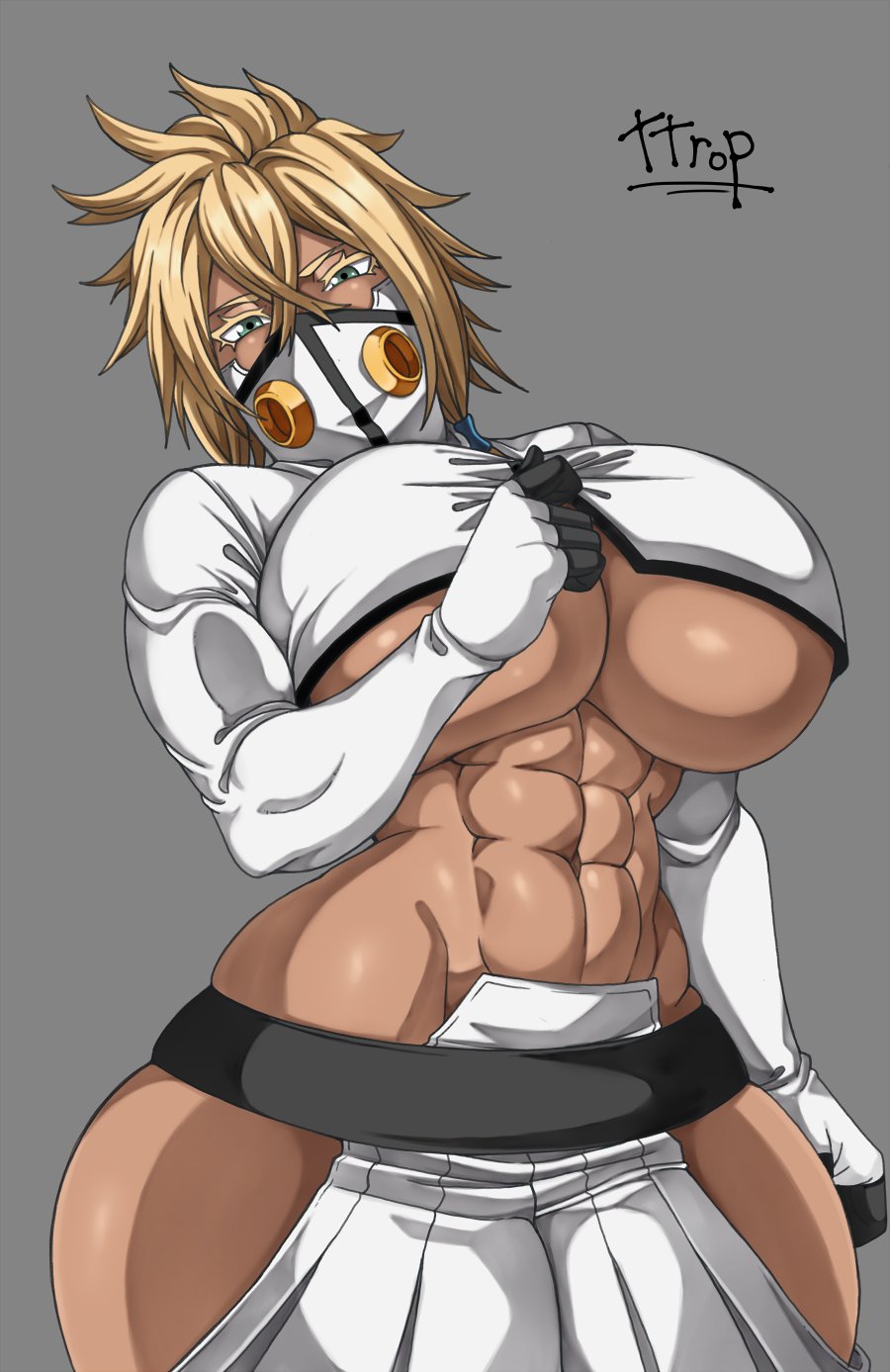 1girls, 2025, big breasts, bleach, blonde hair, breasts, casual, casual exposure, child bearing hips, female, female only, green eyes, huge breasts, hyper breasts, looking at viewer, masked, masked female, muscular, muscular female, thick thighs, tia harribel, ttrop, underboob, unzipping