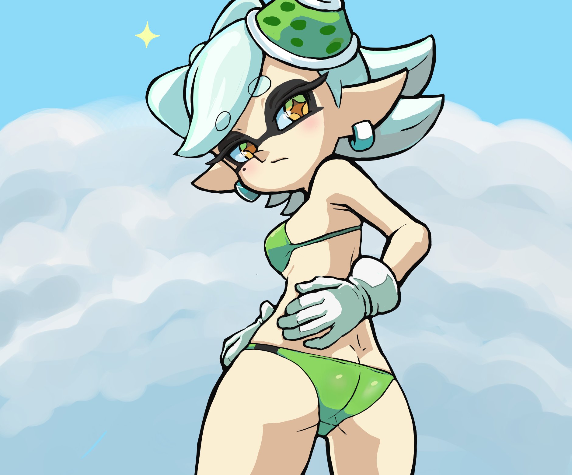 1girls, 2020, ass, blush, bra, ear ring, female, female only, gloves, hi res, hosimametora, inkling, looking at viewer, marie (splatoon), nintendo, solo, splatoon, swimsuit, underwear