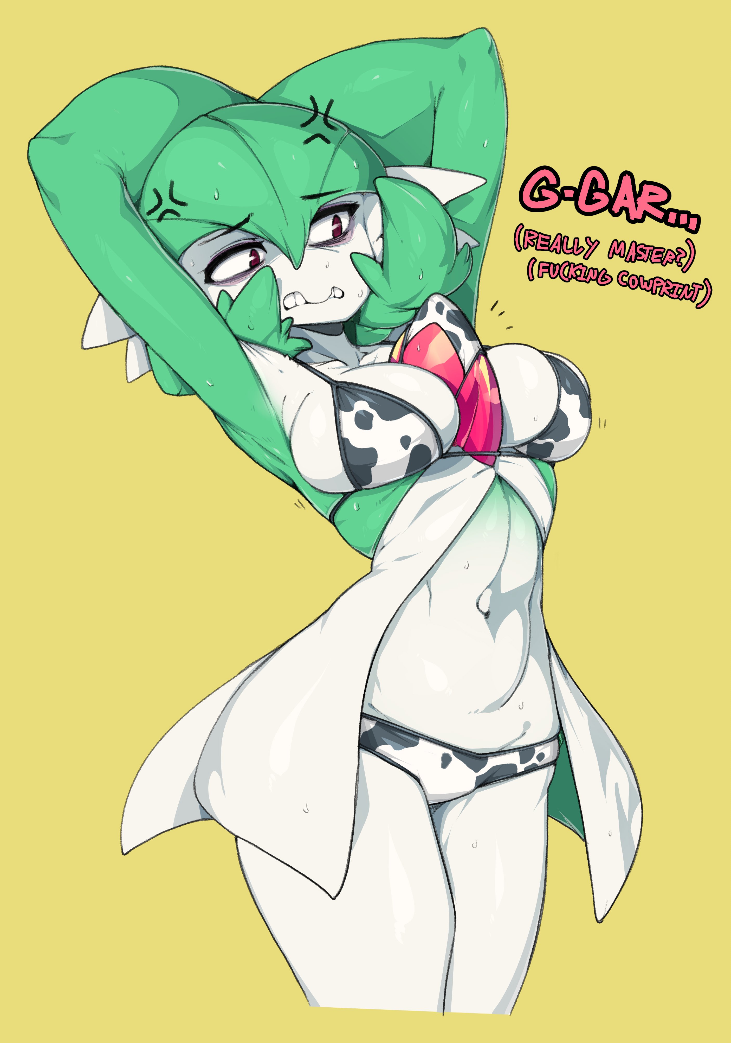 ?, ..., 1girl, 1girls, absurdres, anger vein, angry symbol, angry vein, animal print, anthro, anthro female, arms behind head, arms up, arms up pose, belly button, bikini, boobs, breasts, commentary, cow print, cow print bikini, cowprint, cowprint bikini, disdain, english commentary, english text, female, female anthro, female focus, female only, female solo, game freak, gardevoir, gen 3 pokemon, generation 3 pokemon, hair between eyes, hands behind head, highres, large breasts, medium boobs, medium breasts, navel, nintendo, pokemon, pokemon (creature), pokemon (species), print bikini, red eyes, short hair, simple background, slugbox, solo, solo female, solo focus, standing, stomach, sweat, sweatdrop, swimsuit, tagme, thighs, yellow background