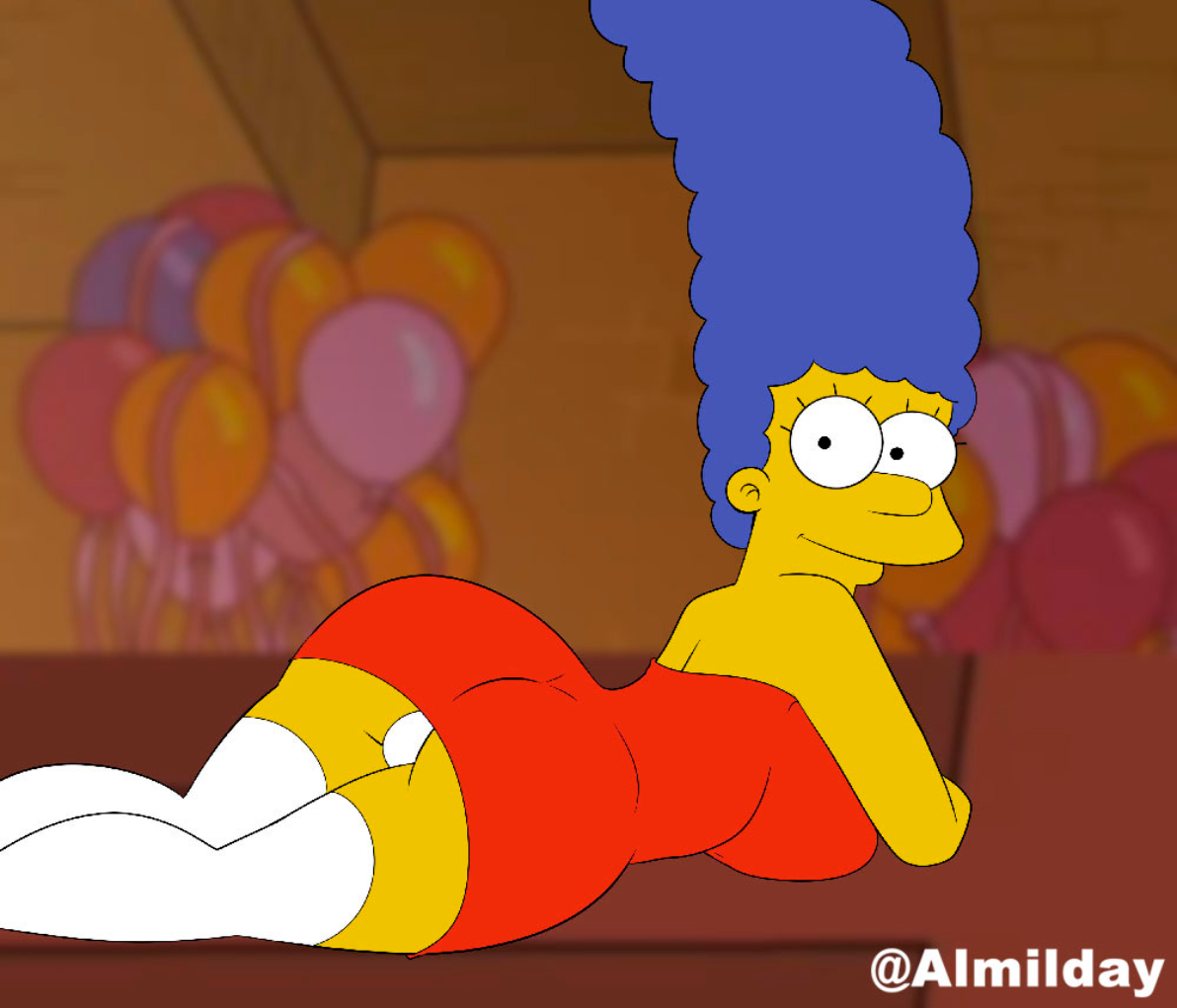 1girls, 20th century fox, almilday, ass, black hair, blue hair, breasts, female, female focus, fox corporation, long hair, looking back, lying, marge simpson, milf, panties, red dress, the simpsons, yellow skin