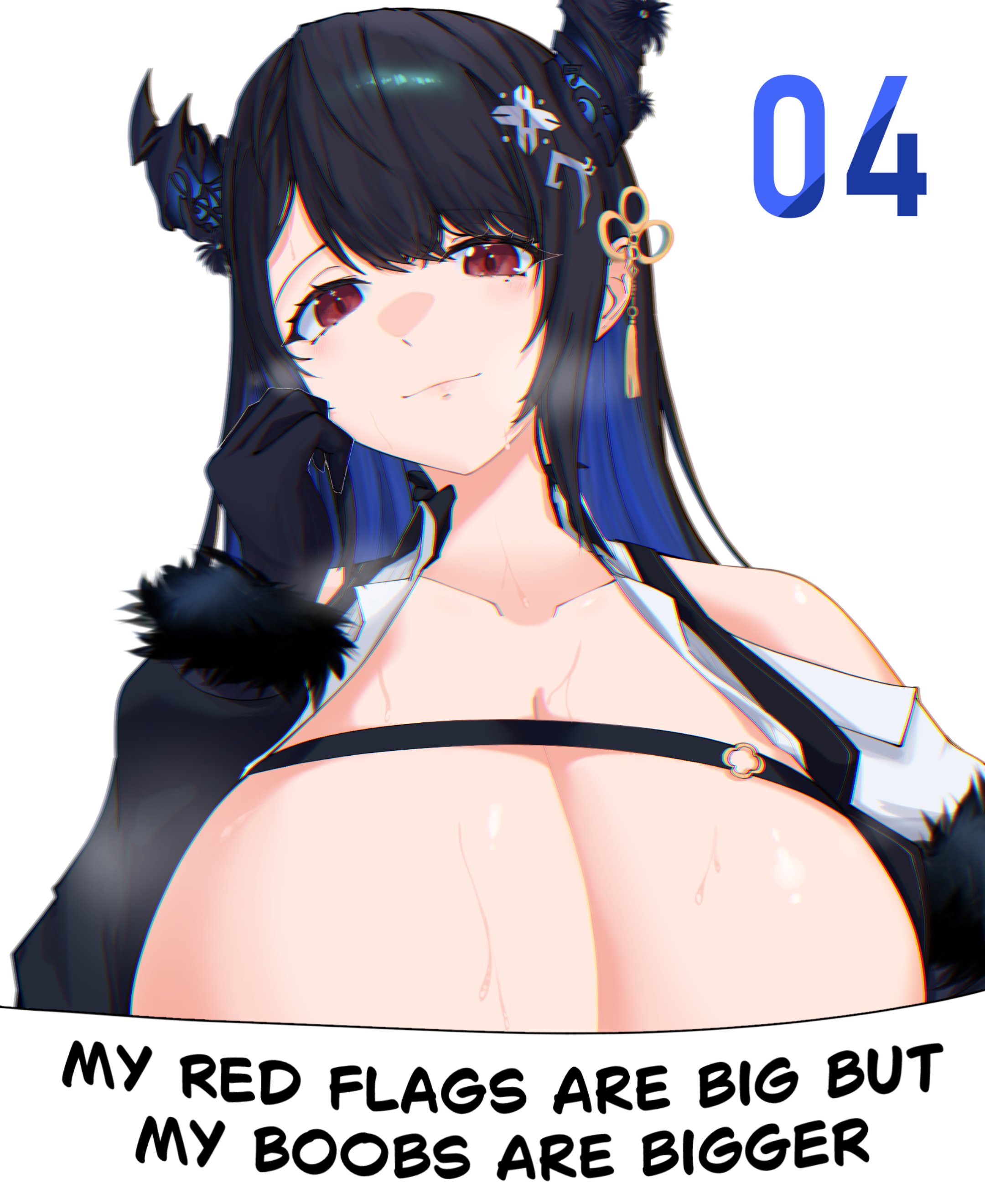 absurdres, asymmetrical horns, black hair, blue hair, blush, breasts, cleavage, closed mouth, colored inner hair, crystal horns, demon horns, english text, female, flower, gloves, hair ornament, hand on own cheek, hand on own face, hand rest, highres, hololive, hololive english, hololive english -advent-, horn flower, horns, large breasts, long hair, looking at viewer, meme, mole, mole under eye, multicolored hair, my red flags are big but my boobs are bigger (meme), nerissa ravencroft, nerissa ravencroft (1st costume), p protocoll, red eyes, ribbed shirt, shirt, simple background, smile, solo, tassel, tassel hair ornament, two-tone hair, uneven horns, upper body, very long hair, virtual youtuber
