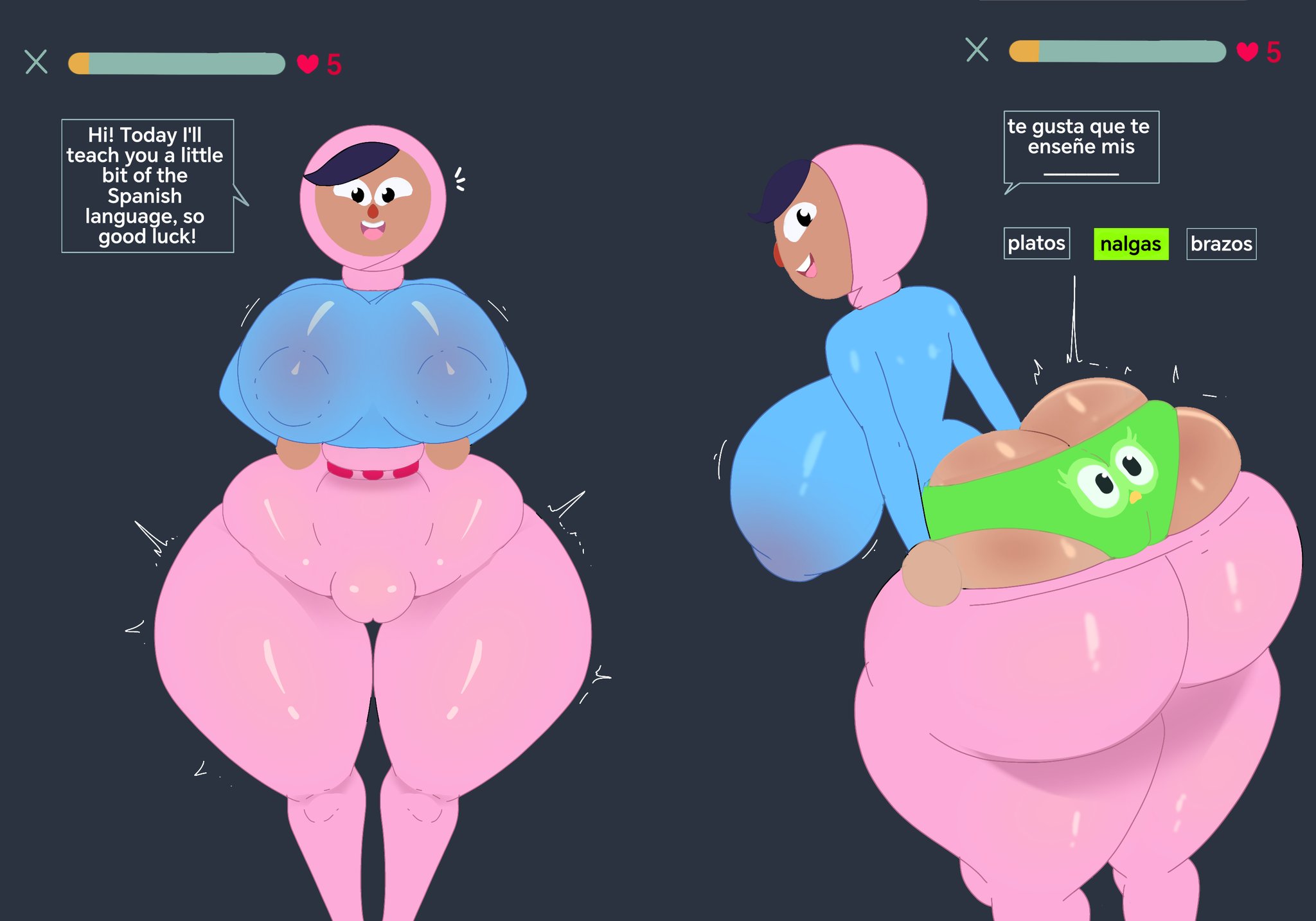 1girls, areola, ass, ass focus, big areola, big ass, big breasts, big nipples, big thighs, breasts, clothed, dialogue, duolingo, english, english text, español, female, female only, francyart34, gigantic ass, gigantic breasts, gigantic thighs, highres, hijab, huge areola, huge ass, huge breasts, huge nipples, huge thighs, hyper, hyper ass, hyper breasts, hyper thighs, large breasts, legs together, looking at viewer, looking back, nipples, panty pull, presenting, presenting ass, purple pants, pussy, smiling at viewer, solo, spanish text, text, thick thighs, thighs, zari (duolingo)