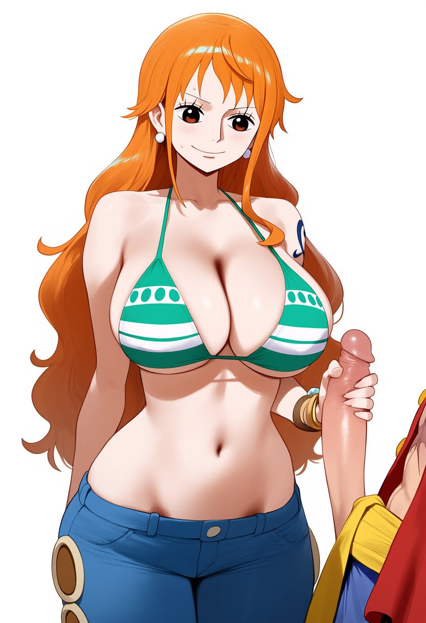 1boy, 1girls, ai generated, arm tattoo, bikini, bikini top only, blue pants, blue tattoo, bracelet, breasts, brown eyes, cleavage, closed mouth, denim, earrings, erection, female, green bikini, handjob, jeans, jewelry, large breasts, long hair, looking at penis, male, monkey d luffy, monkey d. luffy, nami (one piece), navel, one piece, orange hair, orange-haired female, pants, partial male, penis, post-timeskip, simple background, smile, solo focus, straight, sweatdrop, swimsuit, tattoo, trewg001, uncensored, white background
