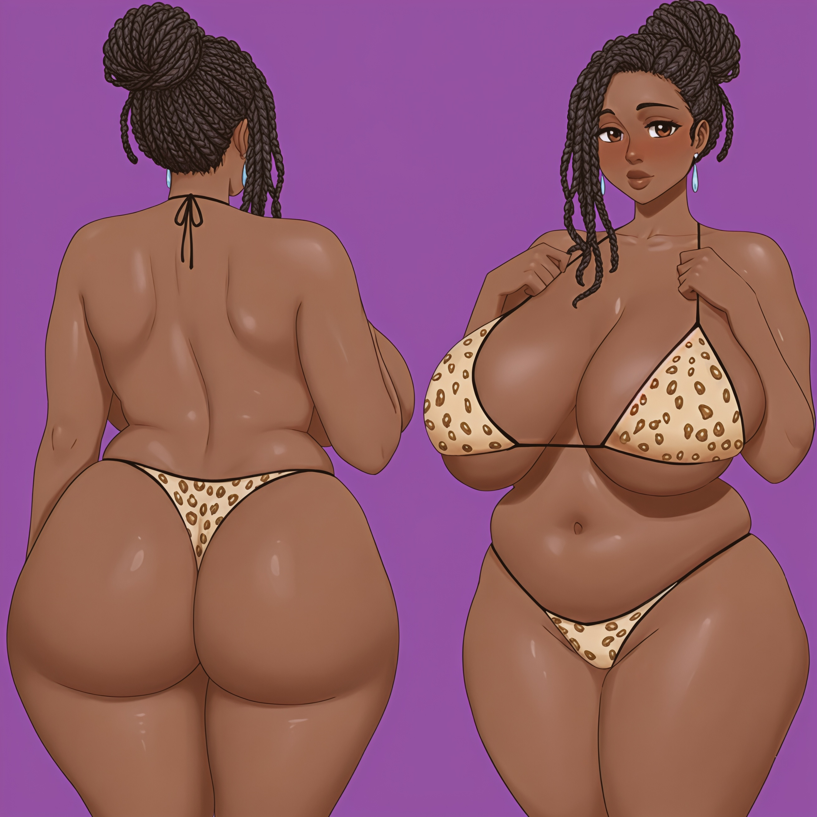 1girls, african female, ai generated, ass, ass focus, back view, belly, big ass, big breasts, bikini, black woman, blushing, blushing at viewer, braid, braided hair, braids, breasts, brown eyes, brown hair, chubby, cleavage, dark skin, dark-skinned female, earrings, female, female only, hair bun, hair in bun, huge ass, huge breasts, leopard print, leopard print bikini, looking at viewer, original, original character, solo, solo female, thick, thick ass, thick lips, thick thighs, thighs, tummy, viewed from behind