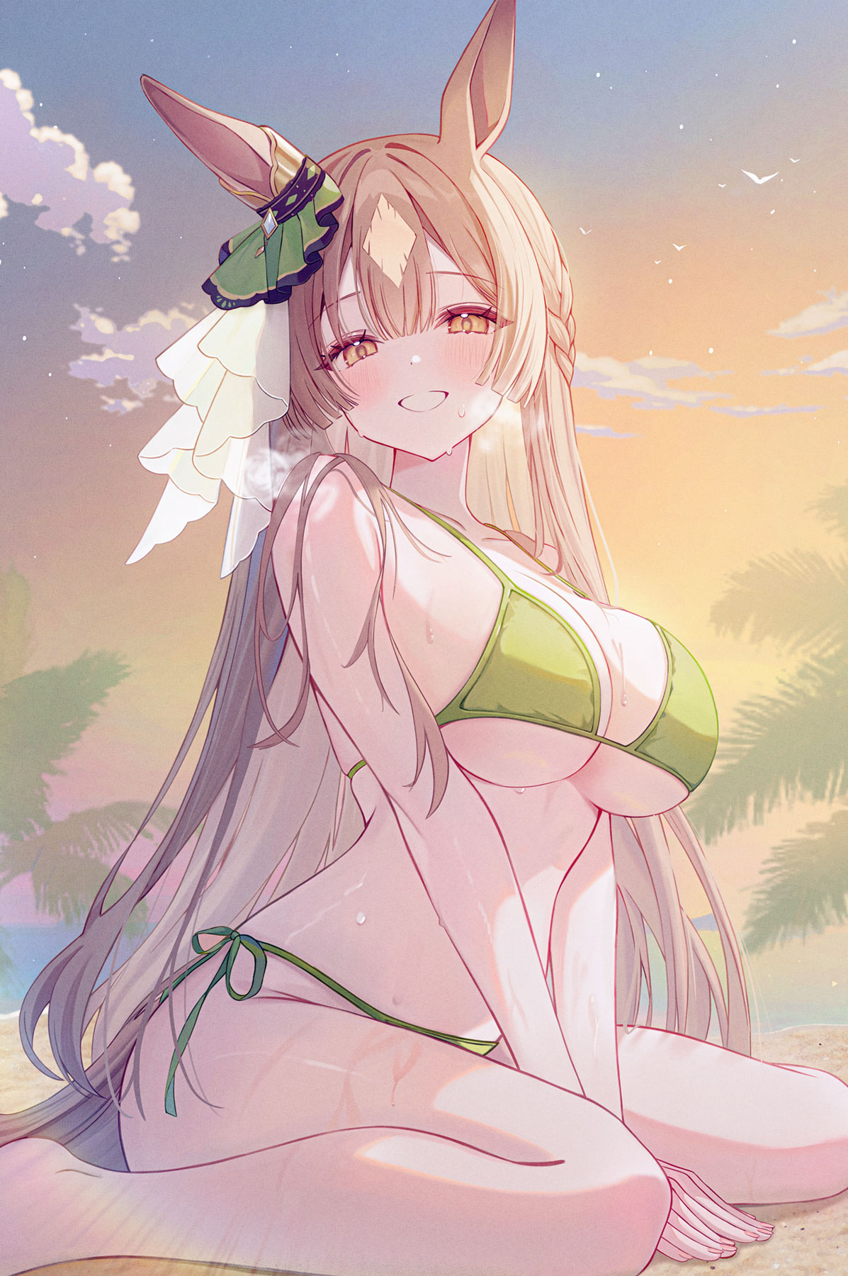 1girls, animal ears, arched back, artist request, bangs, beach, bikini, bikini ribbon, blush, braided hair, breasts, breath, breath cloud, brown eyes, brown hair, clouds, collarbone, diamond (shape), ear ornament, eyebrows visible through hair, female, green bikini, hair over shoulder, hands between legs, hands between thighs, horse ears, horse girl, horse tail, kneeling, kneeling female, kneeling on ground, large breasts, light brown hair, looking at viewer, palm tree, plump breasts, sand, satono diamond (umamusume), smile, smiling, smiling at viewer, solo, sunset, sweat, sweatdrop, swimwear, thighs, tied bikini, umamusume, umamusume pretty derby, wet