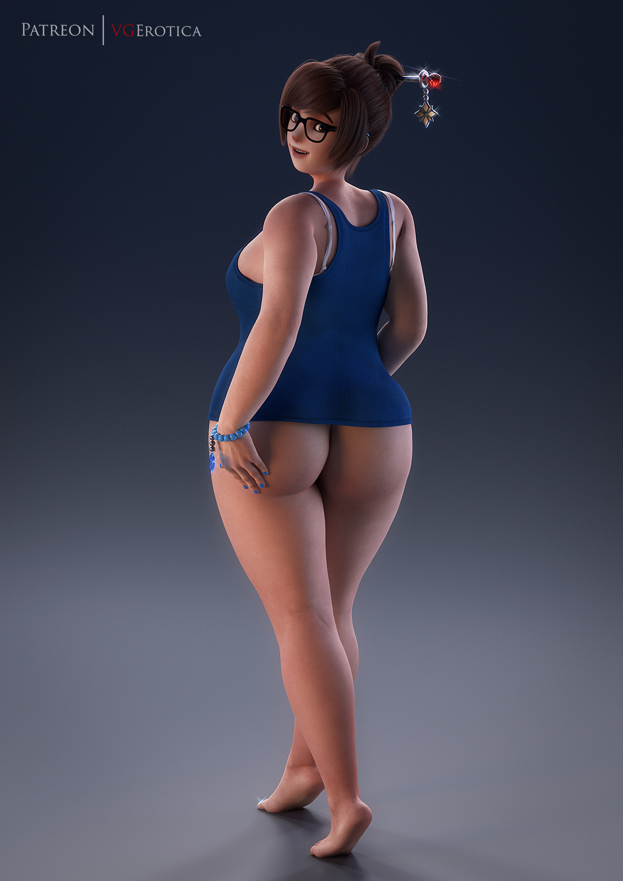 1girls, 3d, ass, autodesk maya, barefoot, big ass, big butt, blender, bottomless, chubby, curvy, feet, female, female only, glasses, large ass, looking at viewer, looking back, mei (overwatch), overwatch, soles, solo, thick thighs, toes, vgerotica, wide hips