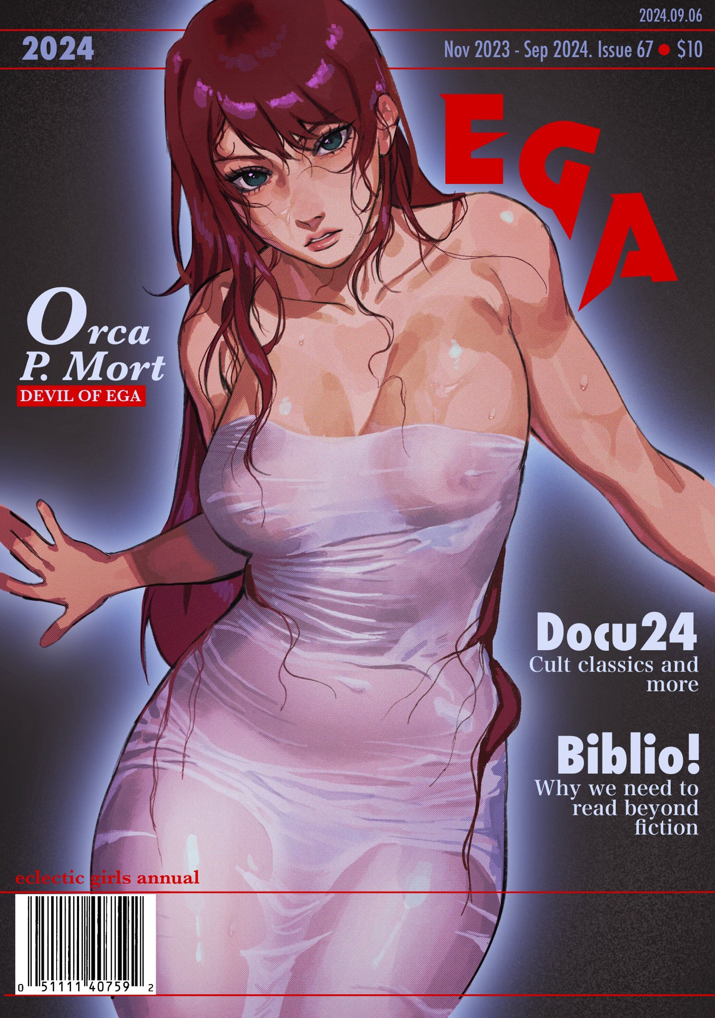 2024, dress, ksooupart, magazine cover, nipples, nipples visible through clothing, oc, orca p mort, original character, red hair, tight clothing, wet, wet clothes, wet hair