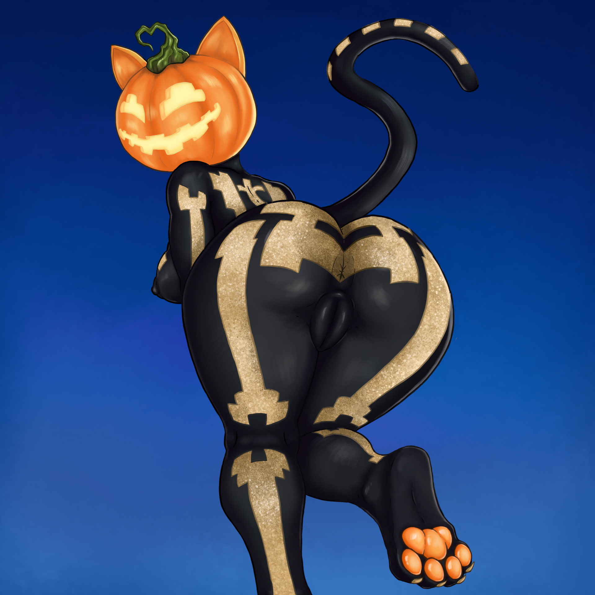 anus, ass, back view, big ass, breasts, catgirl, feet, feet focus, female, female focus, female only, fortnite, fortnitemares, halloween, nipples, pawpads, paws, pumpkin, pumpkin boobs, pumpkin head, pussy, pussy focus, sexy, sexy body, sexy pose, spice (fortnite), toe claws, twisted cat, vagina