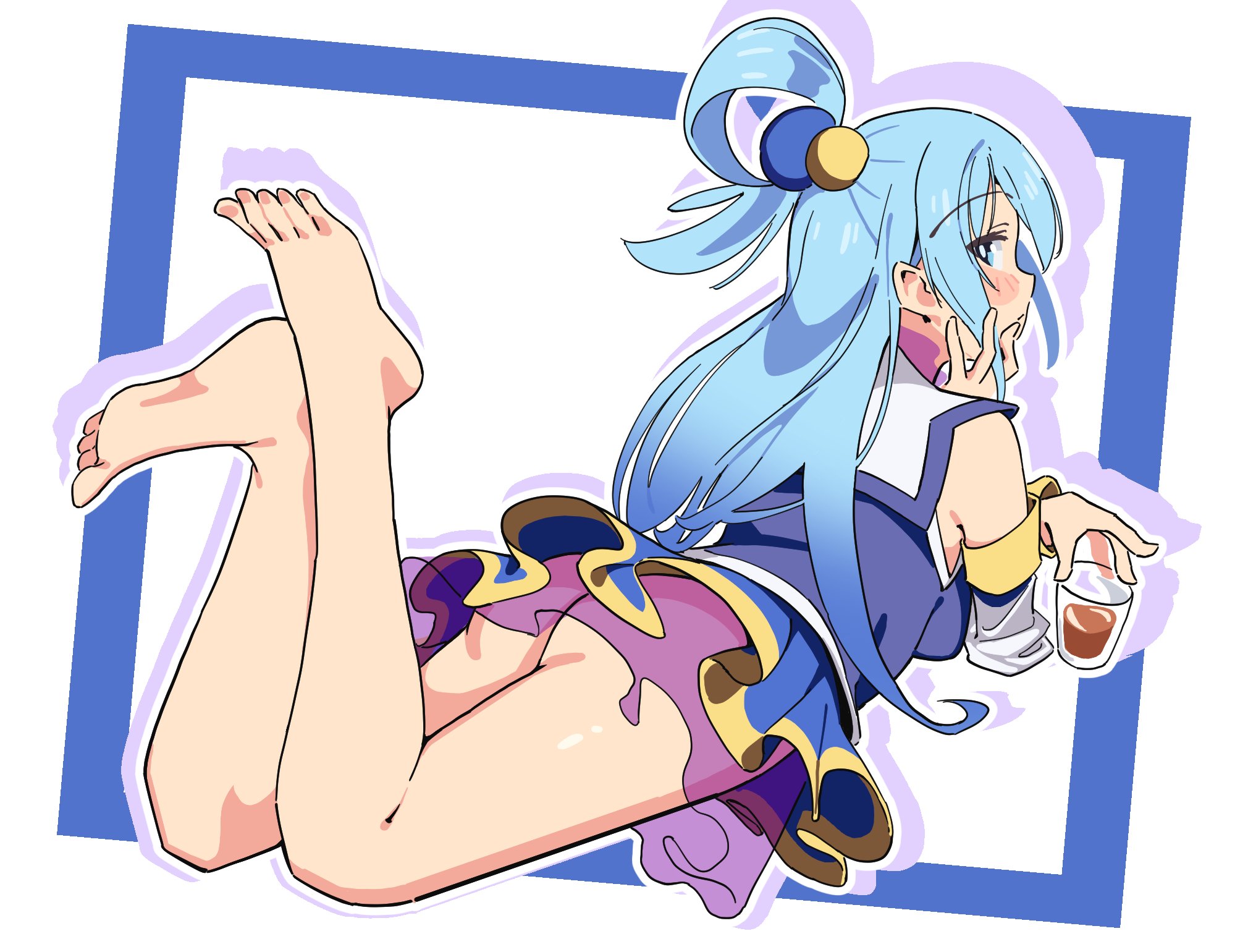 1girls, aqua (konosuba), ass, barefoot, blue hair, bottomless, bottomless skirt, feet, feet up, female, kono subarashii sekai ni shukufuku wo!, konosuba, on stomach, soles, solo, the pose, tknknym