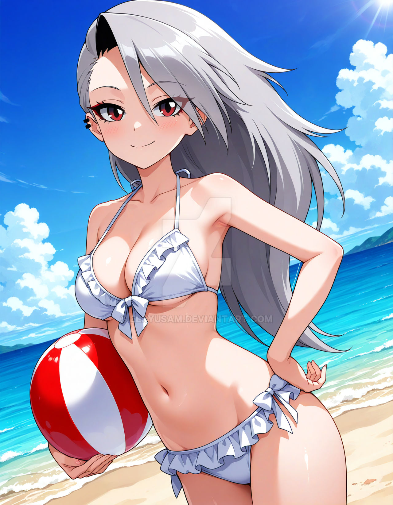 2025, ai generated, beach background, belly, deviantart, elryusam, female, female only, hand on hip, helluva boss, holding beachball, human loona, looking at viewer, loona (helluva boss), smile at viewer, smiling at viewer, tummy, vivziepop, white bikini, youtube