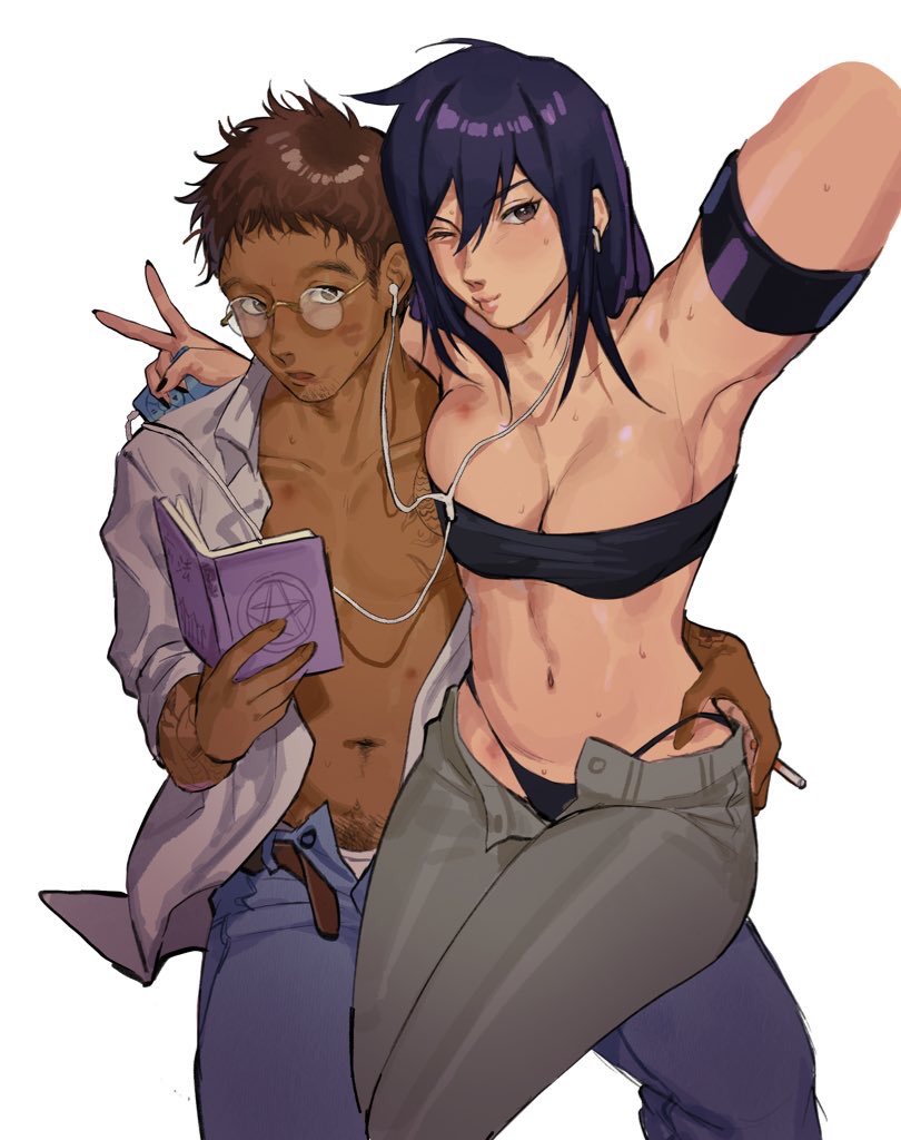 armpits, arms up, breasts, brown hair, brown skin, cigarette, cleavage, couple, dark skin, dark-skinned male, dorohedoro, earbuds, female, female torso, glasses, happy trail, haru (dorohedoro), holding book, holding device, holding partner, kasukabe (dorohedoro), kiss mark on face, ksooupart, large breasts, light skin, light-skinned female, lipstick mark, looking at viewer, male, peace sign, purple hair, reading, selfie, sharing earbud, shirtless, shirtless male, taking picture, taking selfie, thong, thong panties, tubetop, unbuckled belt, underwear, wink
