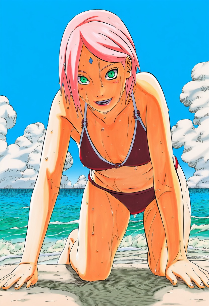 1girls, accurate art style, ai feet, ai generated, all fours, barefoot, beach, bent over, bikini, black bikini, blush, bob cut, boruto: naruto next generations, breasts, clothing, feet, feet out of frame, female, female only, green eyes, hi res, high resolution, highres, kneeling, light skin, light-skinned female, long hair, manga style, masashi kishimoto style, mature female, medium breasts, medium hair, milf, naruto, naruto (series), naruto shippuden, naughty face, nipples, ocean, outdoors, pale skin, pale-skinned female, perky breasts, pink hair, pinup, pinup pose, sakura haruno, seaside, shoulder length hair, smile, smiling, solo, solo female, solo focus, swimsuit, thighs, upper body, ㅇㅇ