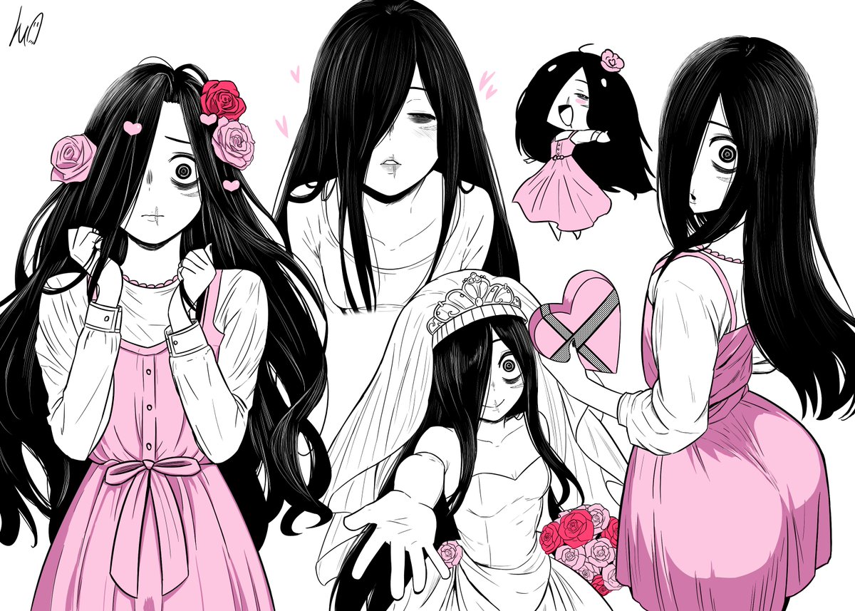 :d, @ @, ass, black hair, booty, breasts, butt, chibi, dress, fat ass, fat butt, female, flower, ghost girl, hair flower, hair ornament, hair over eyes, hair over face, hair over one eye, jewelry, large breasts, limited palette, long hair, looking at viewer, lughost, open mouth, phat ass, phat butt, pink dress, pink flower, red flower, ring, rose, scar, scar on lip, signature, simple background, small breasts, smile, solo, spot color, the ring, very long hair, wedding ring, yamamura sadako
