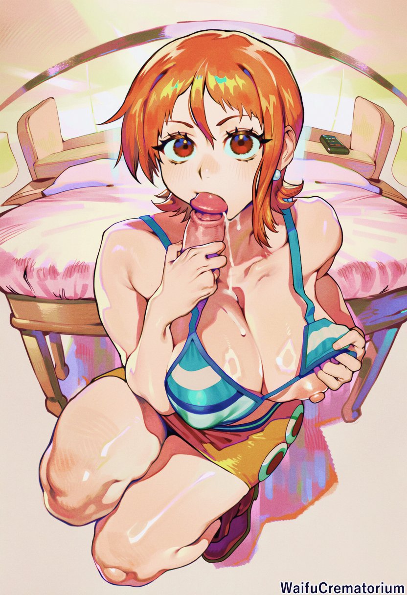 1girls, ai assisted, ai generated, areola, areolae, ass, big breasts, big nipples, breast focus, breasts, breasts out, cum, curvy, curvy body, fellatio, female, female only, figure, flashing, flashing breasts, giant breasts, gigantic breasts, gigantic nipples, huge breasts, knees, large breasts, messy hair, nami (one piece), nipples, one piece, orange hair, orange-haired female, puffy nipples, sagging breasts, solo, solo female, solo focus, sweat, waifucrematorium