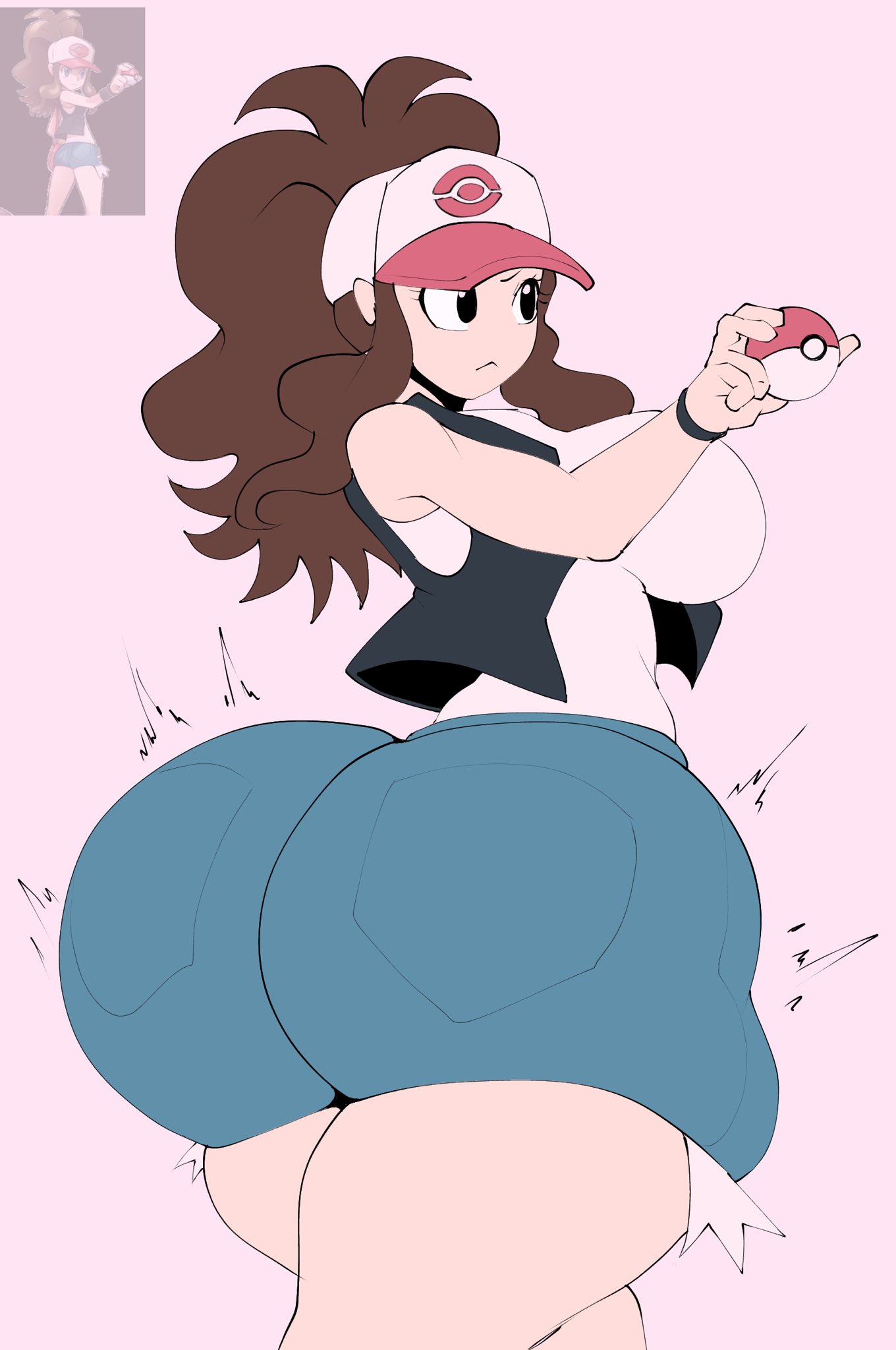 1girls, 2025, ass, ass focus, big ass, big breasts, breasts, brown hair, cay cant draw, fat, female, female only, hat, hilda (pokemon), holding object, long hair, pokeball, pokemon, reference image, shorts, simple background, solo, thick thighs, thighs, voluptuous, voluptuous female, wide hips