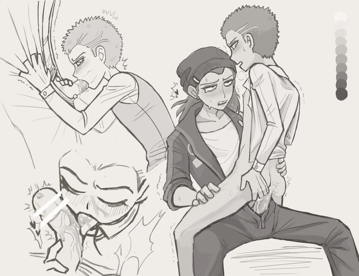 anal, anal sex, black and white, blowjob, clothed, clothed sex, clothing, danganronpa, danganronpa 2: goodbye despair, fuyuhiko kuzuryuu, gay, gay anal, gay blowjob, gay sex, kazuichi souda, licking, licking penis, male, male focus, male only, male penetrated, male penetrating, male penetrating male, male/male, partially clothed, penis, penis in mouth, riding, riding penis, sitting on lap, sitting on penis, sitting on person, skinny, sucking, sucking penis, yaoi, young