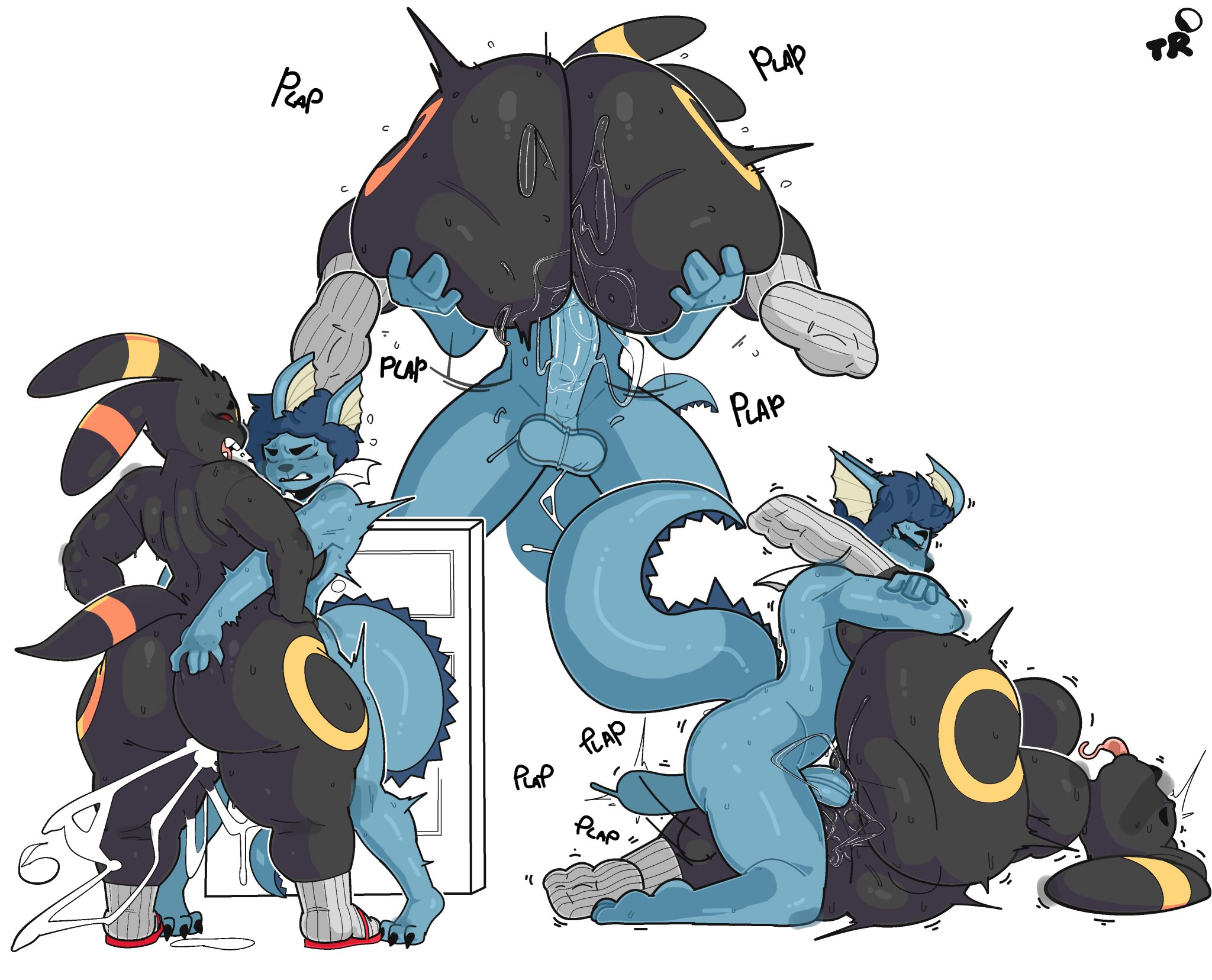 1boy, 2d, 2d (artwork), 2d artwork, anthro, anthro male, anthro only, cum, cum in pussy, cum inside, curly hair, eeveelution, english text, female, female anthro, female pokemon, furry, furry female, furry male, furry only, game freak, huge ass, huge butt, male, male pokemon, nintendo, penis, pokémon (species), pokemon, pokemon (species), pussy, sex, socks and sandals, tarartist, umbreon, vagina, vaginal insertion, vaginal penetration, vaginal sex, vaporeon, wet, wet penis, wet pussy