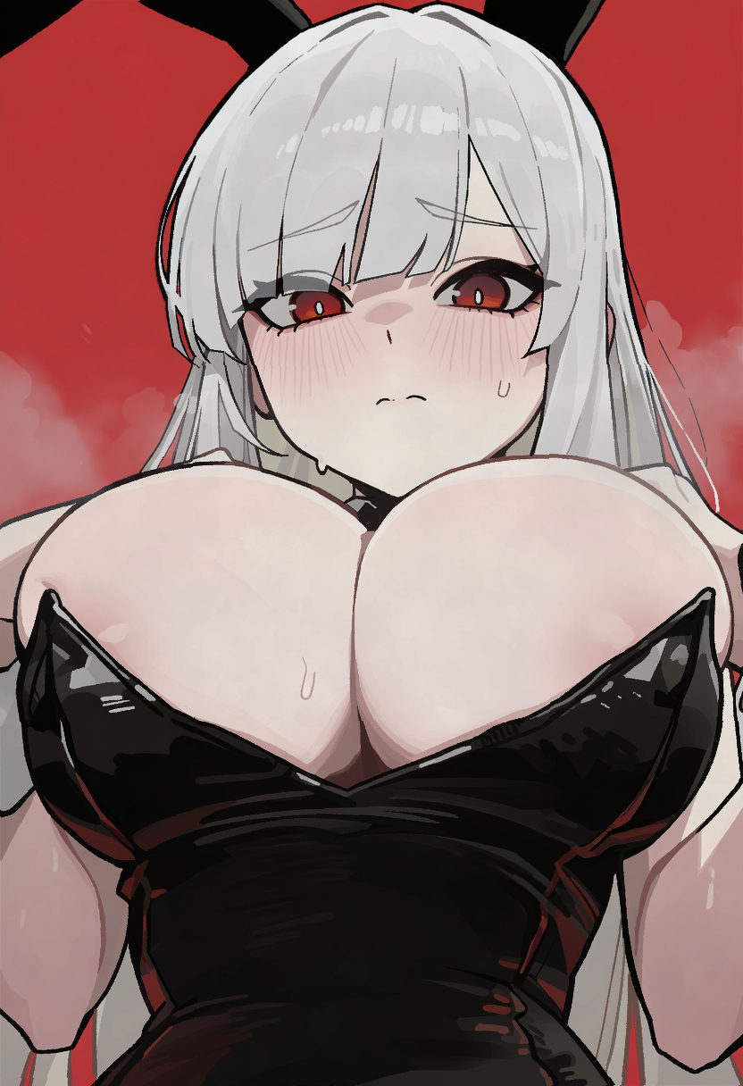 animal ears, areola slip, black leotard, blush, breasts, bright pupils, closed mouth, commentary, embarrassed, fake animal ears, female, furrowed brow, grey hair, habin (rusellunt), hands on own chest, highres, large breasts, leotard, long hair, looking at viewer, original, pale skin, playboy bunny, rabbit ears, red background, red eyes, rusellunt, simple background, solo, split mouth, sweat, upper body, white pupils