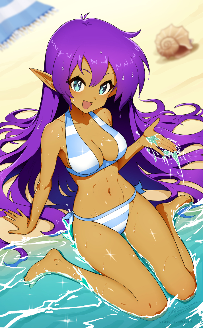 1girls, artist name, beach, bikini, bikini top, blue eyes, breasts, clothed, female, female only, long hair, looking at viewer, midriff, patreon username, pointy ears, purple hair, revenantart, sea, shantae, shantae (character), smile, smiling, solo, striped bikini, tan skin