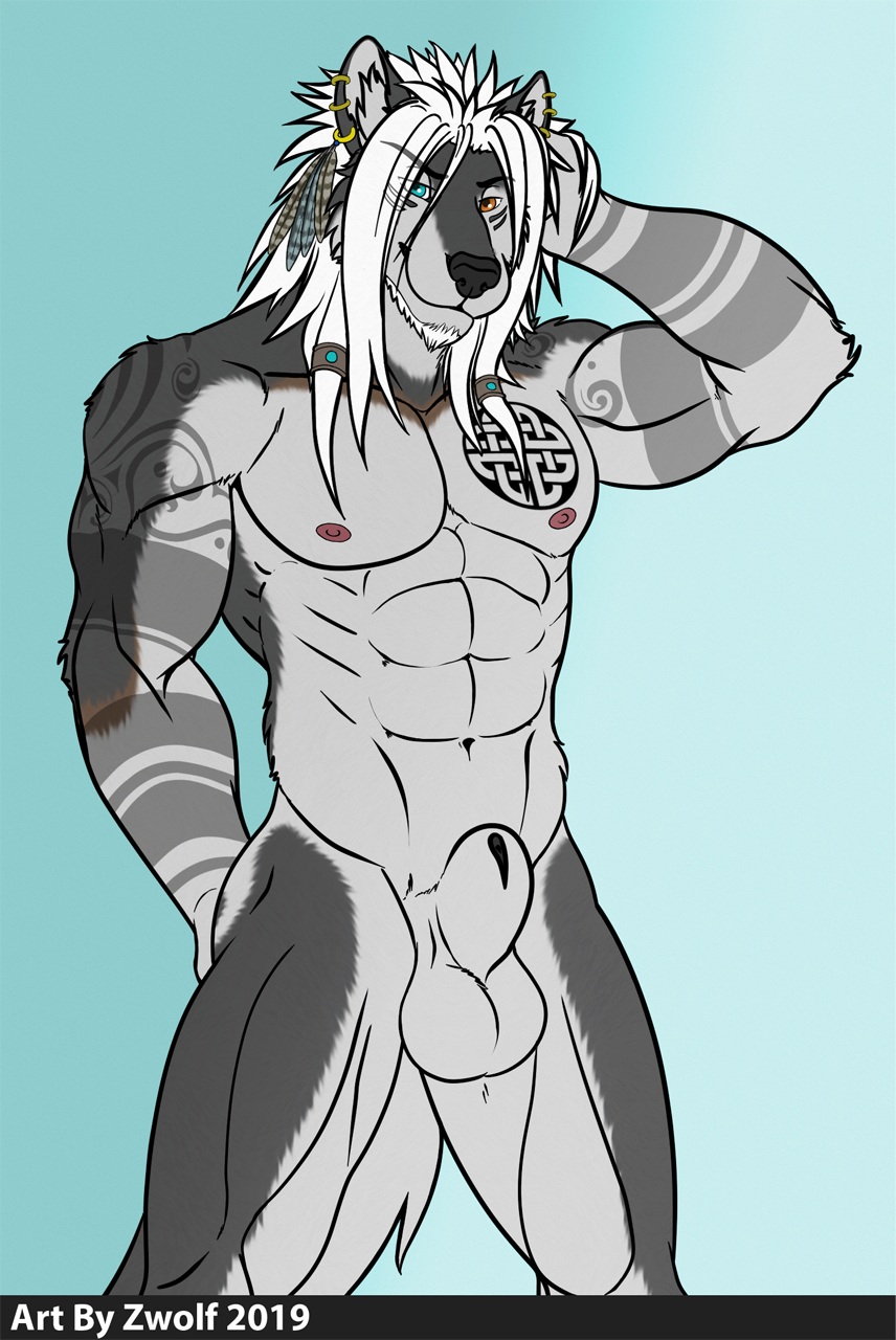 abs animal_genitalia anthro athletic balls biceps black_nose canid canine canis fur hair hi_res loboplateado long_hair looking_at_viewer male male_only mammal muscular nipples nude pecs pose sheath simple_background smile solo white_fur wolf zwolf