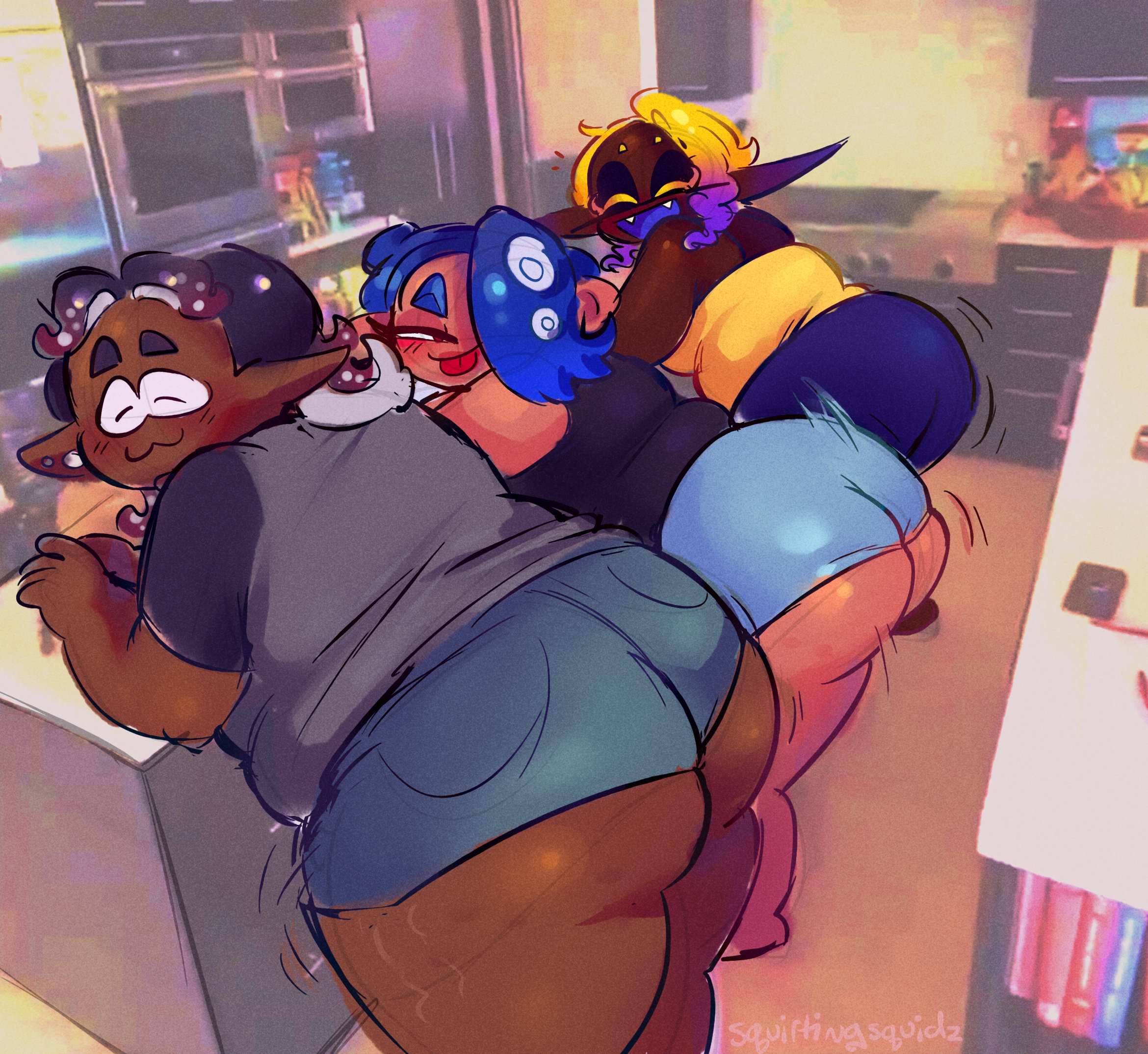 3girls, bent over, big man (splatoon), blush, cellulite, chubby, clothed, dark skin, dark-skinned female, dark-skinned sub, deep cut (splatoon), fat, fat ass, fat female, female, frye (splatoon), genderswap, humanization, humanized, kitchen, light skin, lined up, looking at viewer, recording, shaking ass, shiny ass, shiver (splatoon), short shorts, sillymxow, smile, smiling at viewer, splatoon, squirtingsquidz, standing in line, stretch marks, tan skin, tongue out, twerking