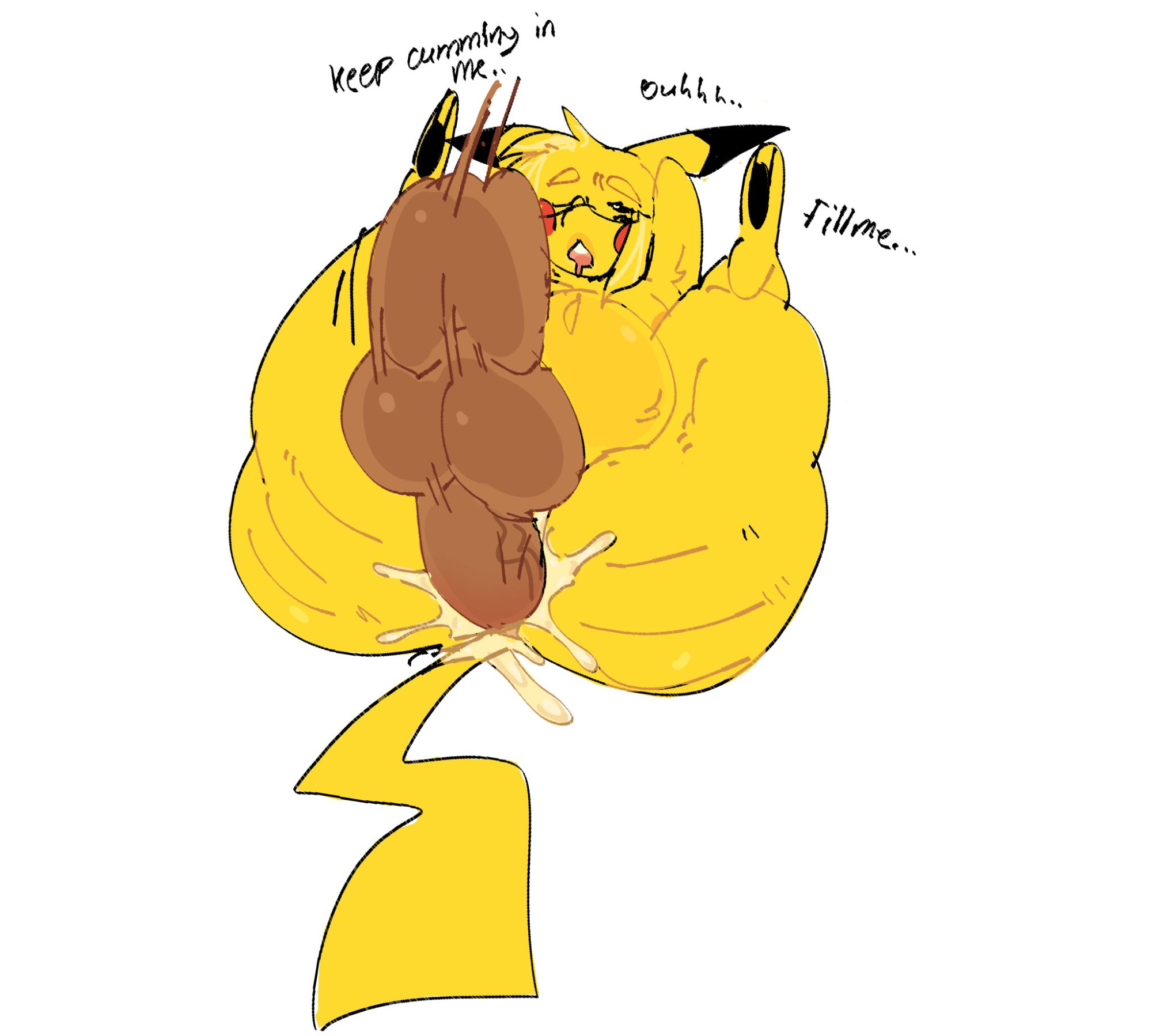 anal sex, anthro, anthro on human, anus, arms behind head, balls, big ass, big balls, big butt, blonde hair, breasts, chubby male, cum drip, cum in ass, cum inside, cum overflow, cumflated belly, cumflation, curvaceous, curvy, curvy figure, dialogue, digital media (artwork), drooling, duo, duo focus, fat ass, fat butt, feminine male, huge ass, huge cock, human, human on anthro, hyper penis, interspecies, legs up, lopsalien, male, male/male, mating press, oc, original character, owen (lopsalien), penis, pikachu, pokemon, pokemon (species), pokephilia, rodent, slamming, small breasts, teeth, text, thick thighs, unseen male face, wanting cum, wanting more, wanting sex, wants to get pregnant, wide ass, wide hips, yellow fur