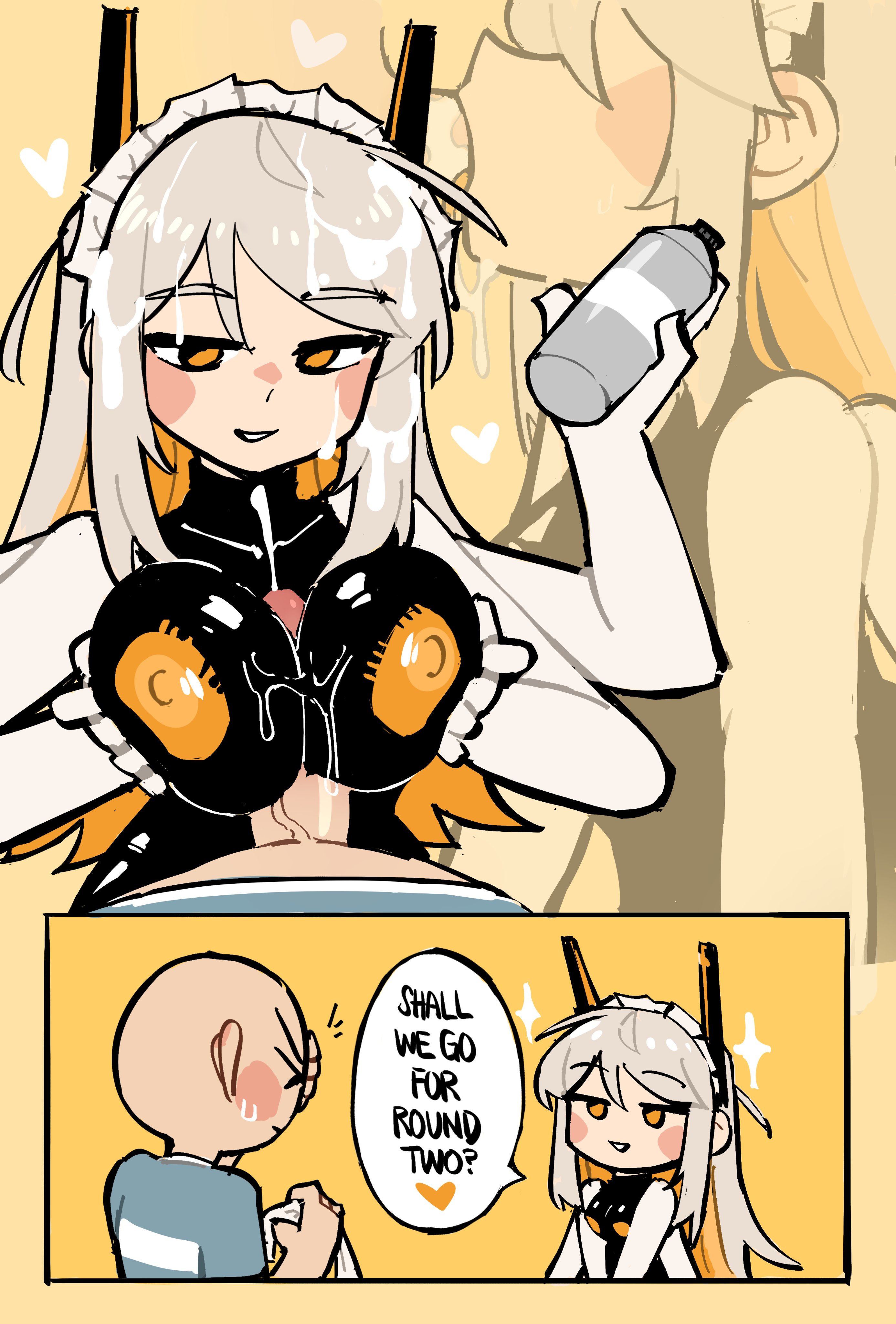 1boy, 1girls, 4 arms, big breasts, blowjob, blush, breasts, cum, cum on face, female, hair ornament, heart, long hair, looking at viewer, lotion, lunatheri, maid headdress, male, nipples, open mouth, orion (alterkyon), paizuri, partially clothed, precum, presenting, smile, sweat, text, white hair, yellow eyes