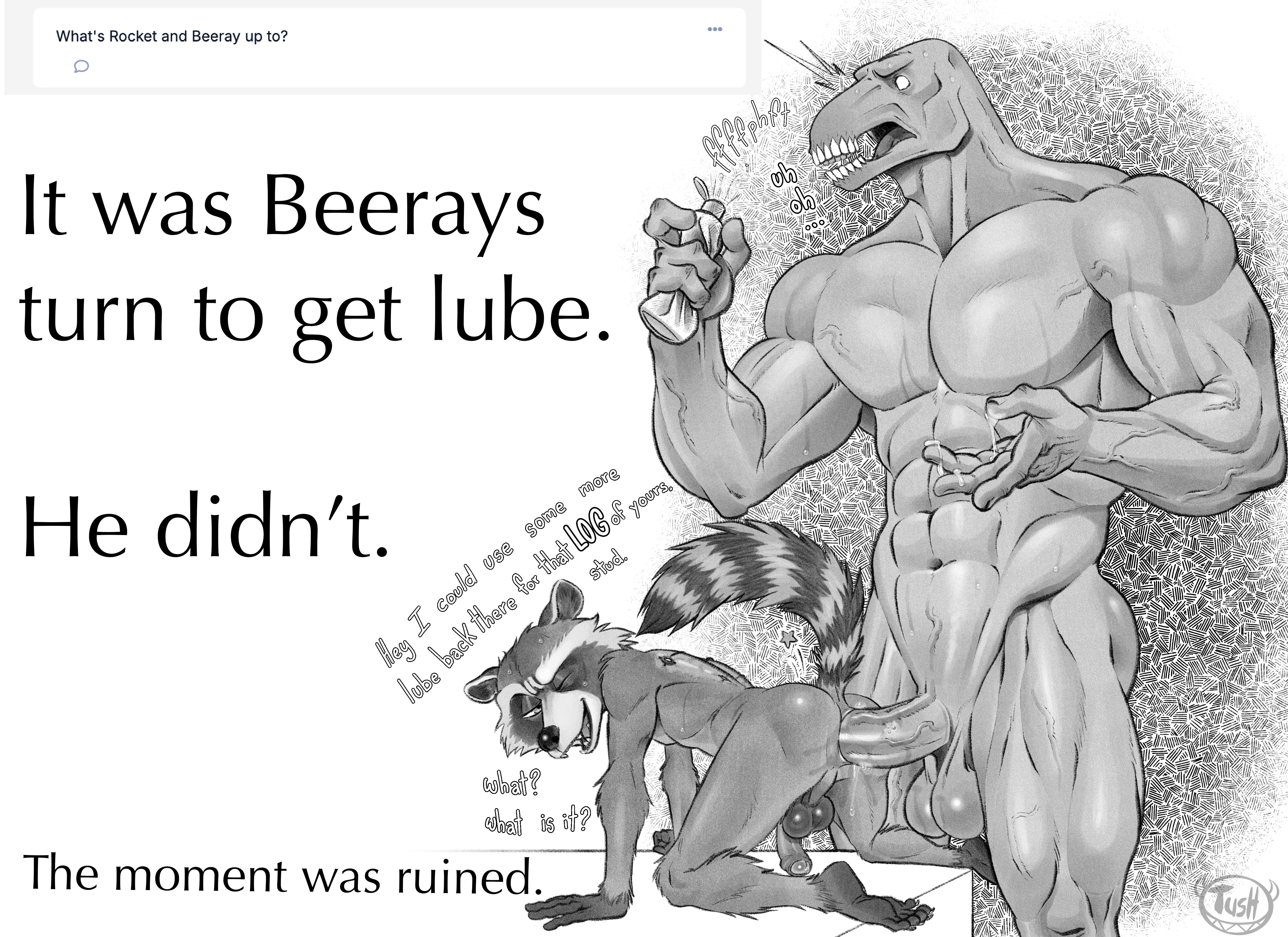 2boys, abs, anthro, balls, beta ray bill, biceps, boner, erection, furry, gay, gay sex, male, male only, male/male, marvel, marvel comics, monochrome, muscular, muscular male, nude, pecs, penis, rocket raccoon, triceps, tush, veiny