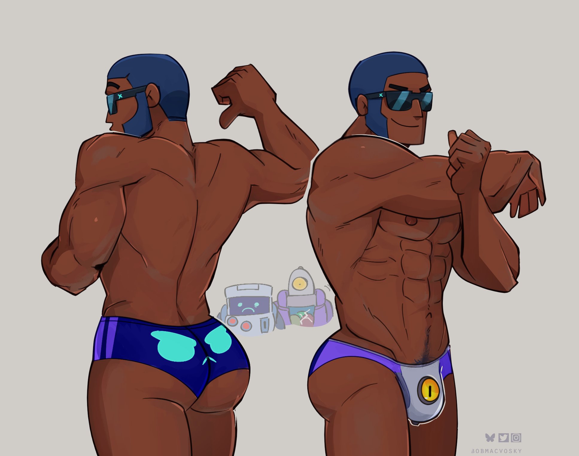 8bit (brawl stars), big ass, big penis, bobmacvosky, brawl stars, brock (brawl stars), dark-skinned male, flexing, male only, muscular male, rico (brawl stars), speedo, supercell, tagme, topless