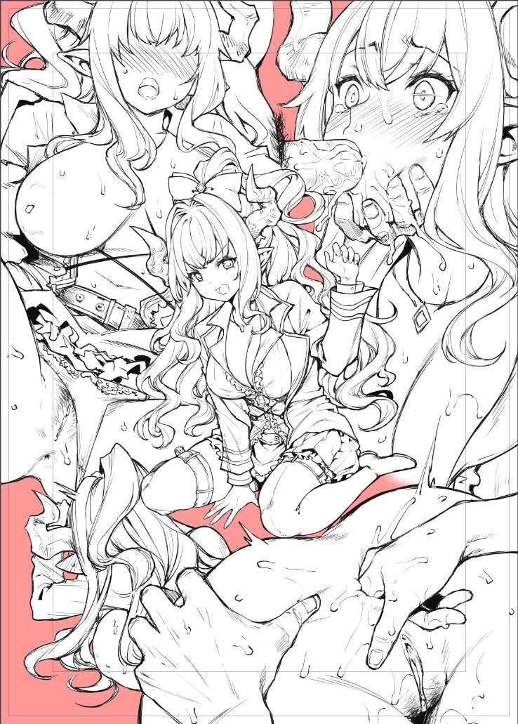 1boy anal anal_fingering anus blush boots breasts chin_grab cleavage draph ear_blush eyebrows_visible_through_hair female fingering granblue_fantasy horns huge_breasts inverted_nipples irrumatio jewelry monochrome mushi024 necklace oral panties panties_aside pendant penis pointy_ears ponytail pubic_hair pussy rastina sidelocks simple_background sitting skirt skirt_lift solo_focus sweat tearing_up thigh_boots thighhighs underwear wariza wide-eyed