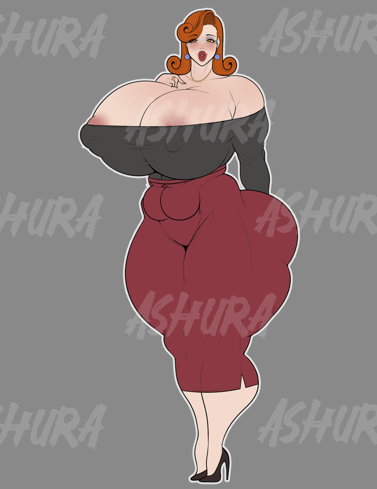 2017, 2025, 5 fingers, areola, ashura (artist), ass, belly, big breasts, bimbo, breasts, cleavage, clothed, clothing, digital media (artwork), ear piercing, female, fingers, footwear, grey background, hand on chest, high heels, huge breasts, human, long legs, long nails, looking at viewer, mammal, navel, necklace, nipple outline, no bra, not furry, orange eyes, orange hair, piercing, shirt, shoes, simple background, skirt, smile, solo, standing, thick lips, thick thighs, tight clothing, tradwife, wedding ring, wide hips, wife