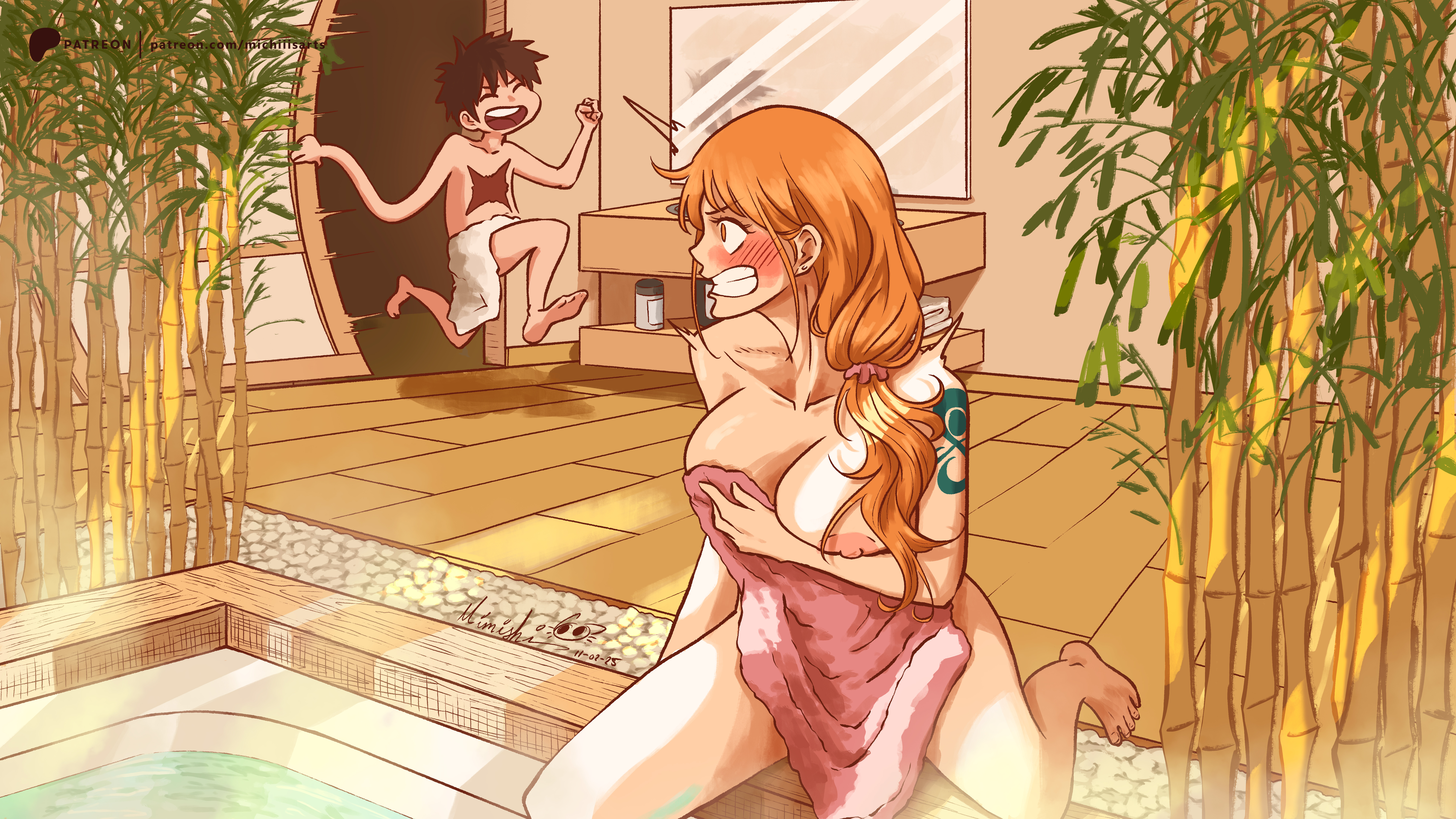 1boy, 1girls, arm tattoo, athletic female, bamboo, bathroom, bathtub, big breasts, black hair, black-haired male, blue tattoo, blush, blush lines, blushing female, brown eyes, brown-eyed female, casual nudity, cleavage, clenched teeth, co-ed, co-ed bathing, collarbone, earrings, embarrassed, embarrassed female, embarrassed nude female, eyebrows, eyelashes, female, fit female, happy male, light-skinned female, long hair, long-haired female, male, michiiisarts, mirror, monkey d luffy, movement lines, nami (one piece), nipples, nipples outside, one piece, onsen, open door, open mouth, orange hair, orange-haired female, pink towel, plants, rocks, scar, scar on chest, shiny skin, steam, surprised, surprised expression, tattoo, towel, towel only, voluptuous, voluptuous female, water, watermark, white towel, wooden floor