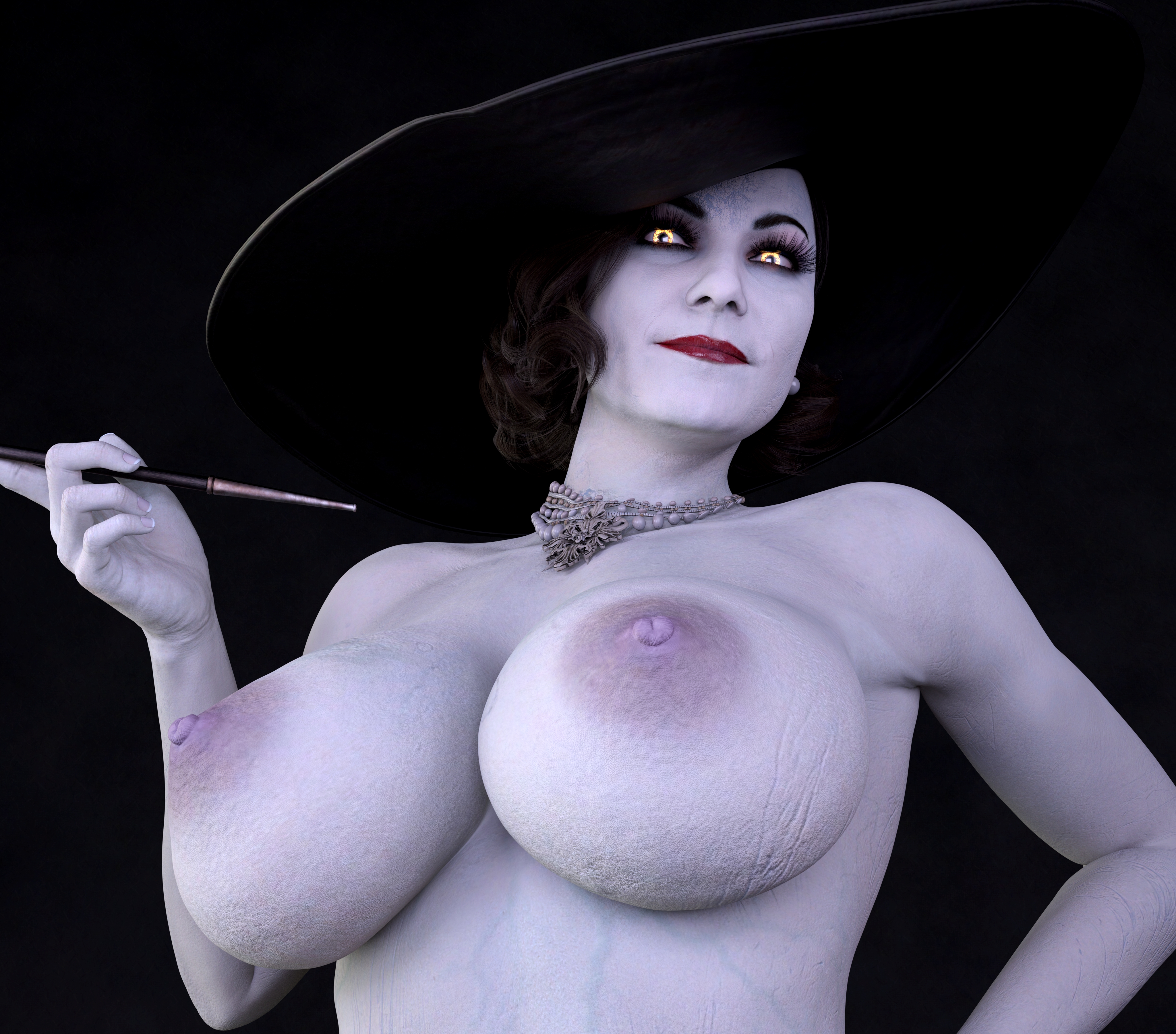 1girls, 3d, alcina dimitrescu, breasts, cigarette holder, daz studio, female, female only, hat, large breasts, pale skin, pale-skinned female, planetex, resident evil, resident evil 8: village, solo, upper body, viewed from below