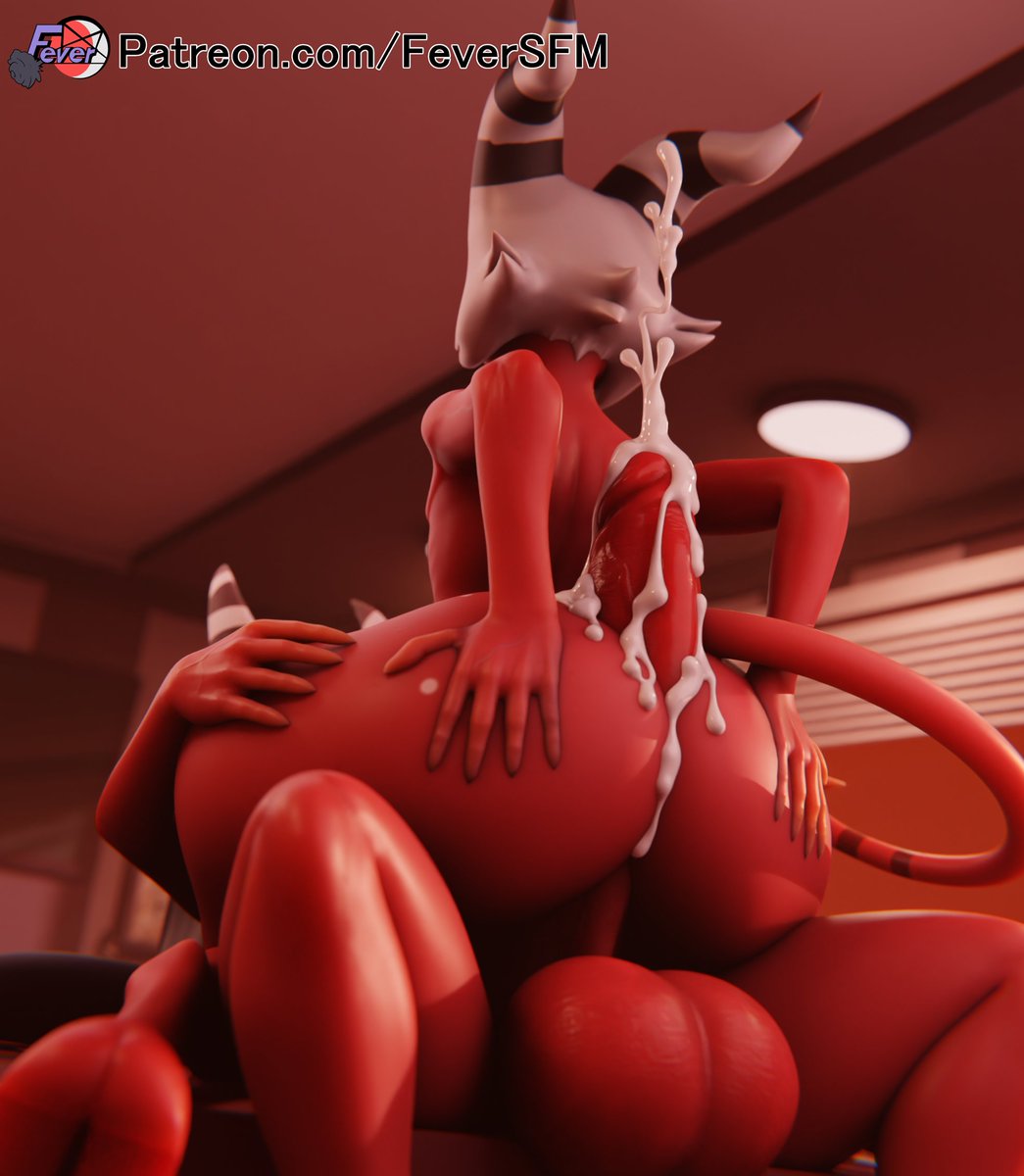 2 horns, 2024, 3d, 3d (artwork), 5 fingers, ass, balls, big ass, big balls, big penis, bodily fluids, cum, cum on penis, demon, dickgirl, digital media (artwork), duo, erection, femboy, feversfm, fingers, futa on male, futanari, genital fluids, genitals, gynomorph, gynomorph/male, hair, hellaverse, helluva boss, hi res, horn, hot dogging, huge ass, huge cock, hung, hung futa, hung transfem, imp, intersex, intersex/male, male, moxxie (helluva boss), moxxie (valorlynz), not furry, nude, penis, red balls, red body, red penis, red skin, sallie may (helluva boss), sex, tail, text, trans woman, transfem, transgender, url, valorlynz (modeler), white hair