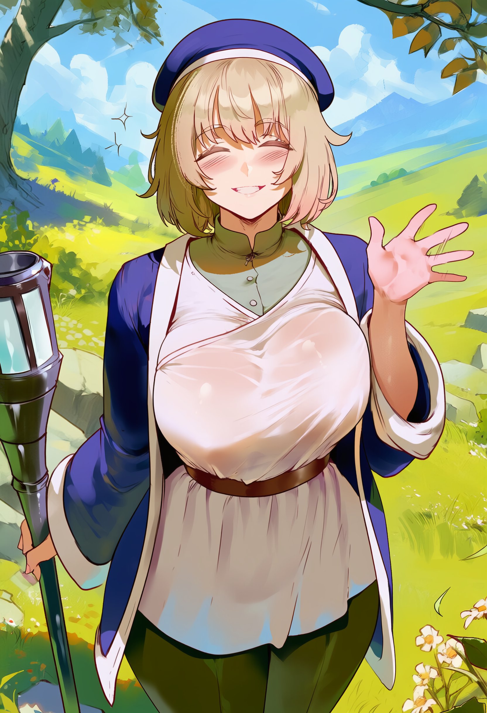 1female, 1girls, ai, ai art, ai assisted, ai generated, background, bangs, belt, beret, blonde female, blonde hair, blonde hair female, blonde-haired female, blue coat, blue headwear, blue sky, blush, breast focus, breasts, brown hair, closed eyes, cloud, curvaceous, curvy, curvy body, curvy female, curvy figure, curvy hips, curvy thighs, day, dungeon meshi, eyebrows visible through hair, falin touden, female, female focus, genlation, grass, greeting, grin, hat, healer, hi res, huge breasts, huge thighs, large breasts, large thighs, light skin, light-skinned female, looking at viewer, mountain, no bra, open hand, outdoors, pants, pantyhose, perfect ass, perfect body, perfect boobs, perfect legs, pov, salute, see-through, see-through clothes, see-through clothing, see-through dress, see-through shirt, sfw, shiny skin, short hair, silver hair, small waist, smile, solo, solo female, solo focus, sparkle, sparkles, sparks, staff, standing, sweat, tree, underwear, voluptuous, voluptuous female, waist, waist belt, weapon, wet, wet clothes, white shirt, wholesome