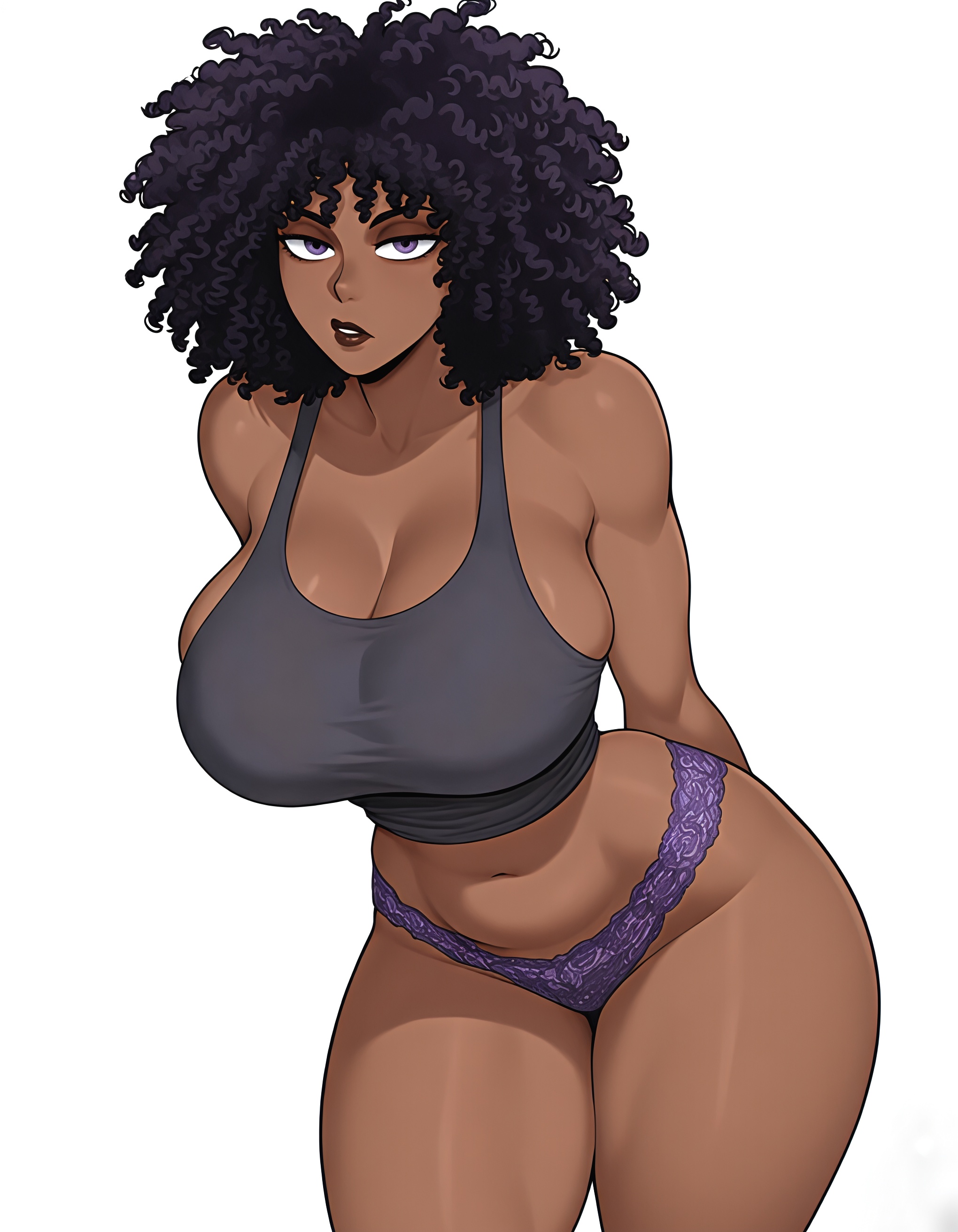 1girls, african female, afro, ai generated, big breasts, black hair, black woman, breasts, cleavage, curly hair, dark skin, dark-skinned female, female, female only, huge breasts, lipstick, looking at viewer, mrtecta, original, original character, panties, purple eyes, shirt and panties, solo, solo female, tank top, thighs, tummy