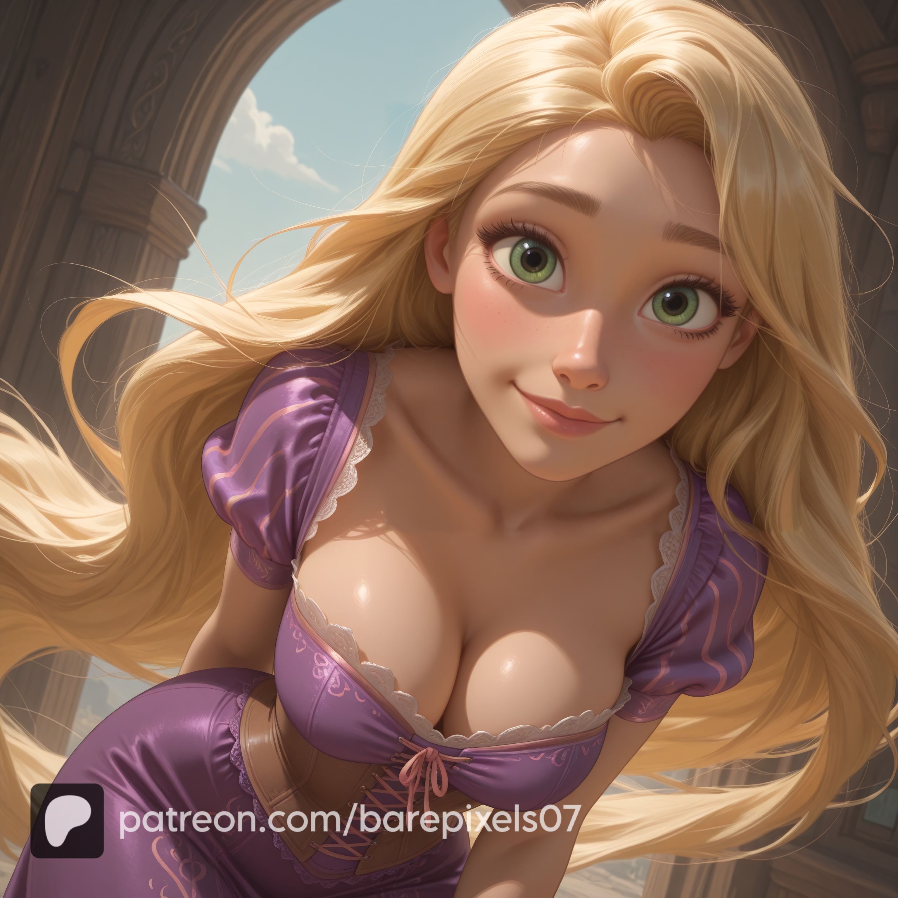 1girls, ai generated, artist name, barepixels07, blonde hair, breasts, cleavage, clothed, disney, disney princess, female, green eyes, hi res, light-skinned female, long hair, looking at viewer, makeup, mature, mature female, medium breasts, patreon username, perfect body, pink dress, rapunzel, rapunzel (tangled), slim waist, smile, solo, spread legs, tangled, uncensored, very long hair, wide hips