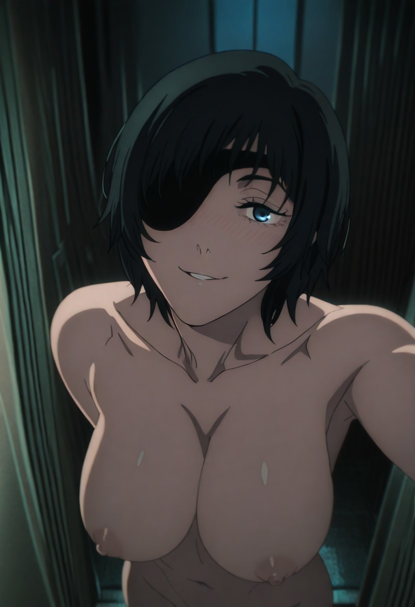 ai generated, areola, areolae, armpits, bedroom eyes, belly, belly button, big breasts, biting lip, biting own lip, blue eyes, blush, blushing, breasts, busty, busty female, chainsaw man, cinematic, close-up, collarbone, eyepatch, female, female focus, female only, fit female, himeno (chainsaw man), huge breasts, imminent sex, indoors, large breasts, light skin, light-skinned female, looking at viewer, naked female, naughty, naughty face, night, nipples, nordinex5, nude female, pale skin, pale-skinned female, perfect body, pov, pov eye contact, reaching towards viewer, seducing, seductive, seductive body, seductive eyes, seductive gaze, seductive look, seductive mouth, seductive pose, seductive smile, sexy, sexy pose, shoulders, solo female, solo focus, stable diffusion, standing, tummy, upper body