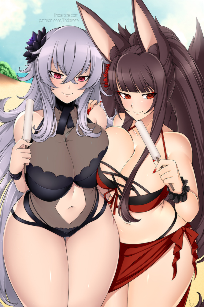 2girls akagi_(azur_lane) akagi_(paradise_amaryllis)_(azur_lane) animal_ears azur_lane big_breasts breast_squish breasts brown_hair cleavage clothing female female_only flower graf_zeppelin_(azur_lane) graf_zeppelin_(beachside_urd)_(azur_lane) grey_hair hair hair_flower hair_ornament iron_blood_(azur_lane) large_breasts light-skinned_female light_skin lindaroze long_hair multiple_girls red_eyes sakura_empire_(azur_lane)