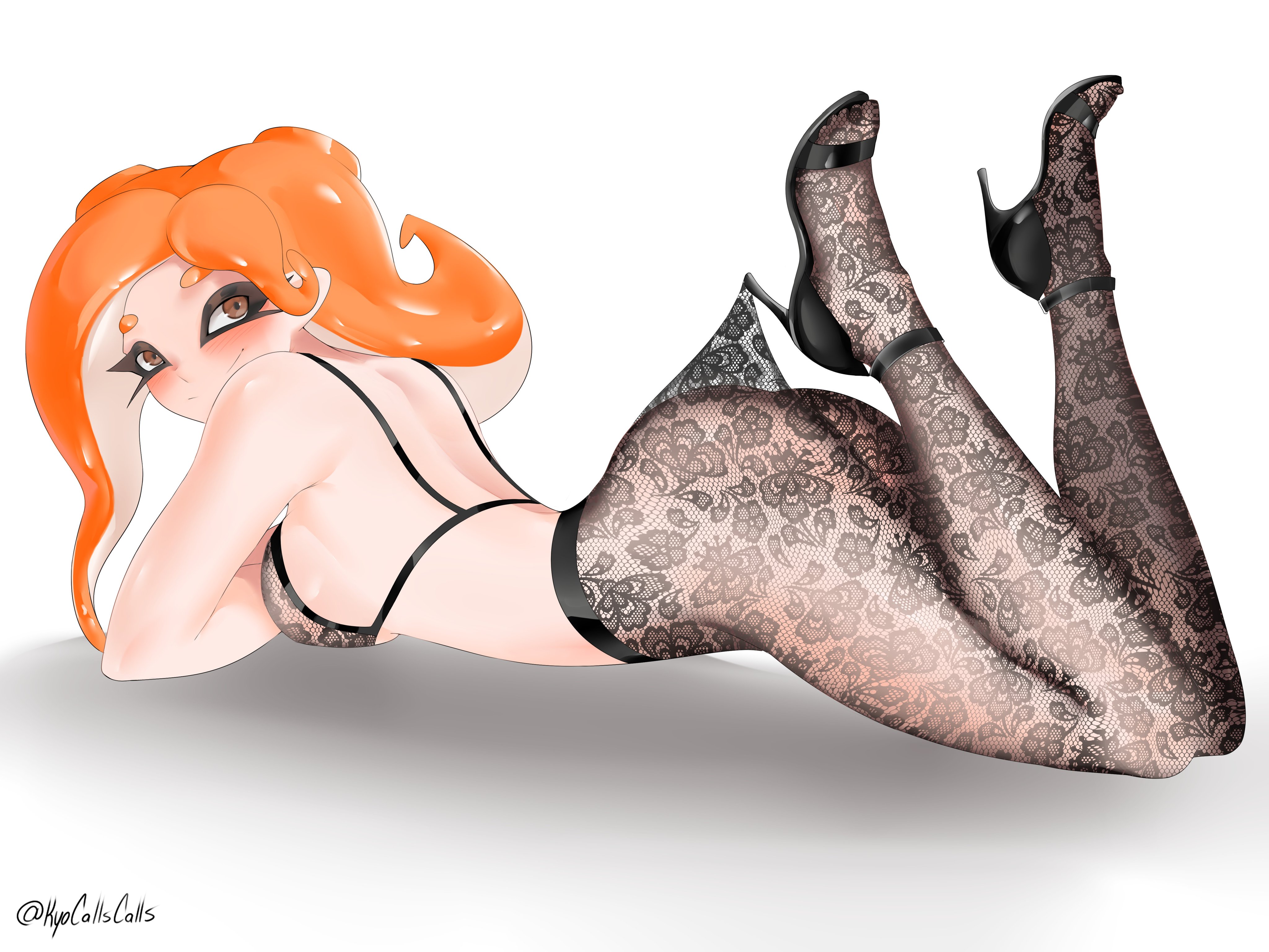1girls, absurd res, arya (kyocallscats), ass, bra, female, high heels, highres, kyocallscats, lace pantyhose hooked on heel (meme), looking at viewer, lying, lying on stomach, meme, milkytwinkers, nintendo, octoling, octoling girl, orange hair, pale skin, pale-skinned female, pantyhose, simple background, solo, splatoon, splatoon (series), splatoon oc, tentacle hair, white background