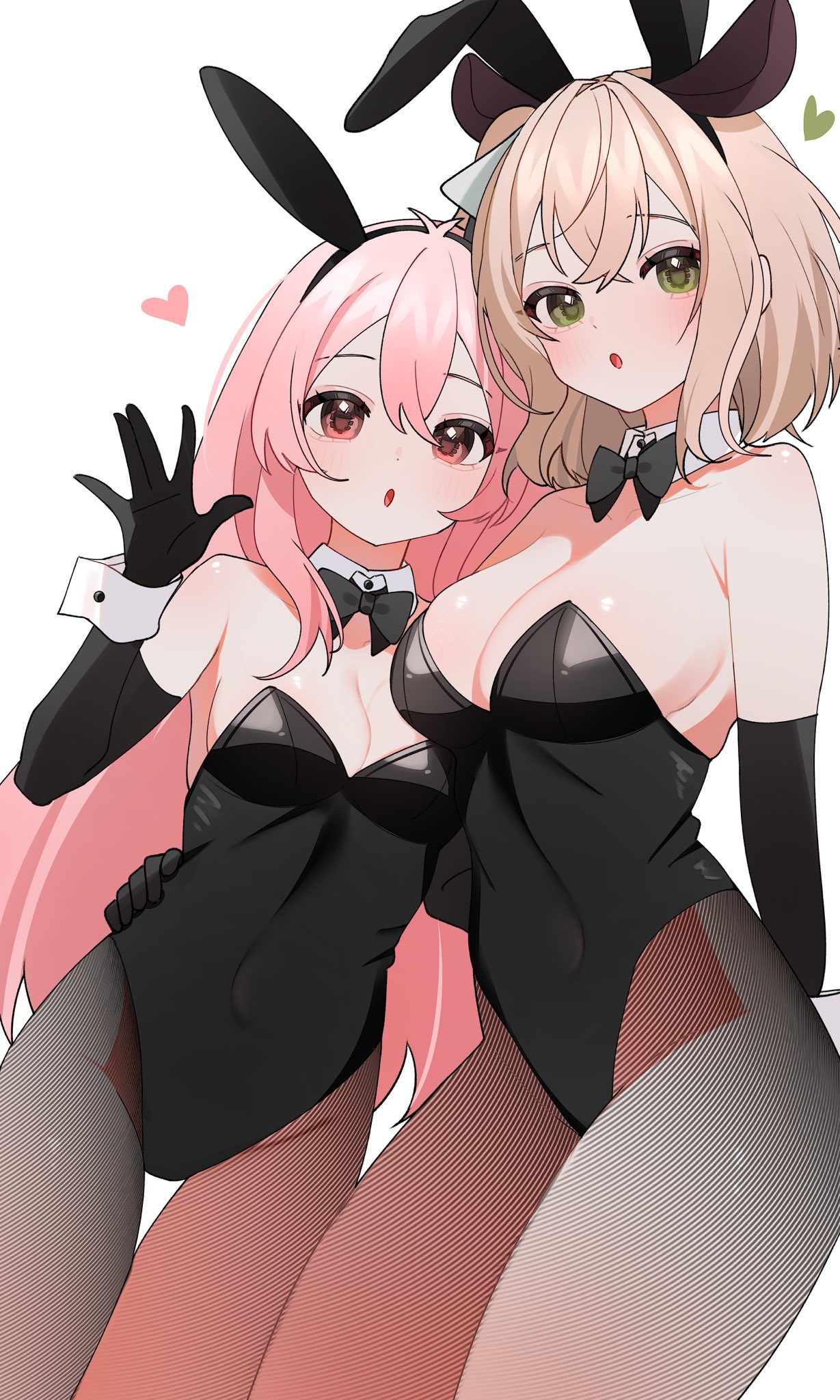 2girls, artist request, black bow, black gloves, blonde hair, breasts, bunny ears, bunnysuit, female, fishnet legwear, fishnets, green eyes, large breasts, leotard, medium breasts, nimi nightmare, pink eyes, pink hair, shachimu, virtual youtuber, vtuber