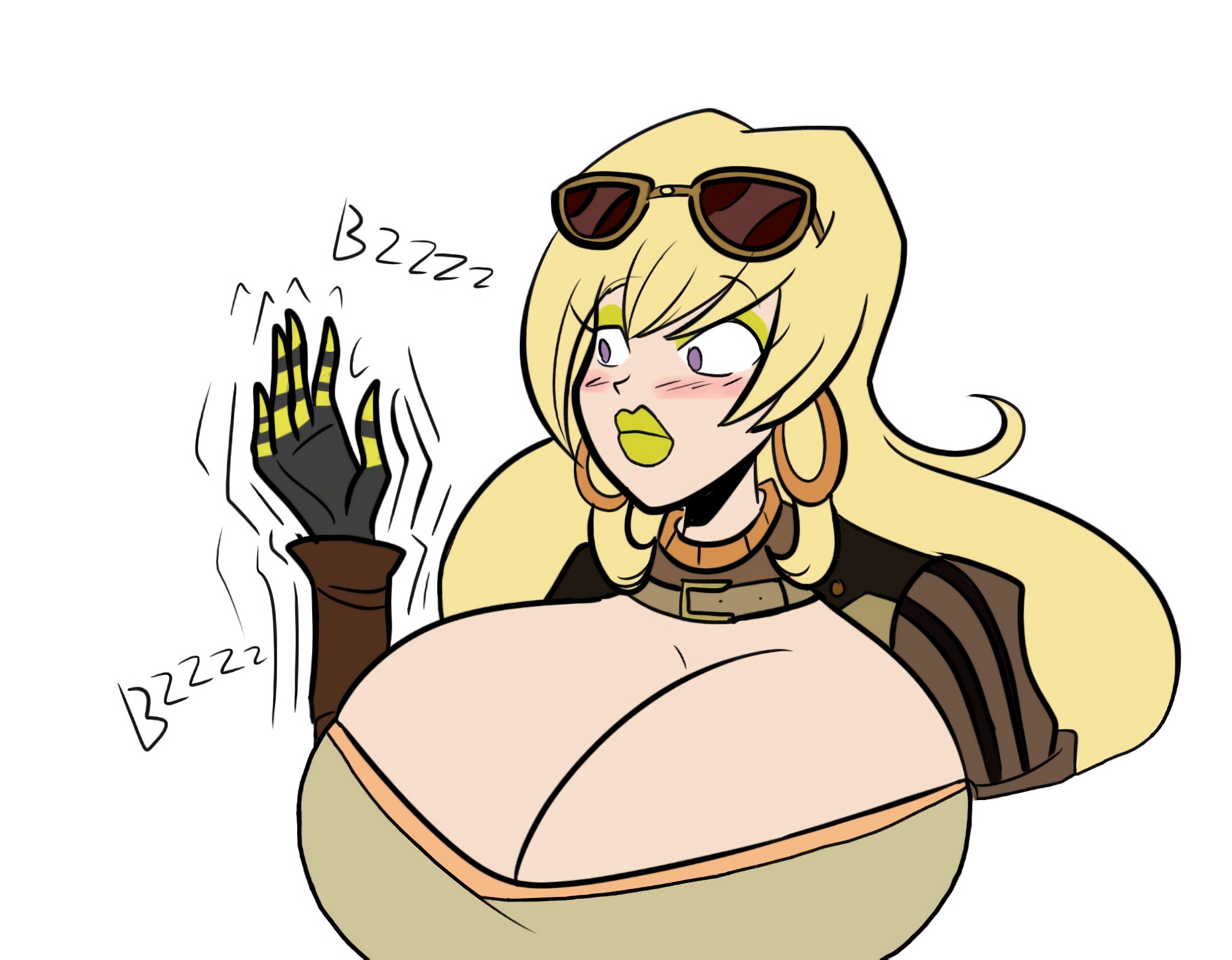 1girls, big breasts, bimbo, blonde, blushing, breasts, busty, cleavage, clothed, cosmiccolorstheuniverse, edit, eyeshadow, female, frostbiteboi, hoop earrings, huge breasts, jacket, lipstick, makeup, prosthetic, prosthetic arm, purple eyes, robotic arm, rwby, solo, sunglasses, sunglasses on head, voluptuous, yang xiao long, yellow lipstick