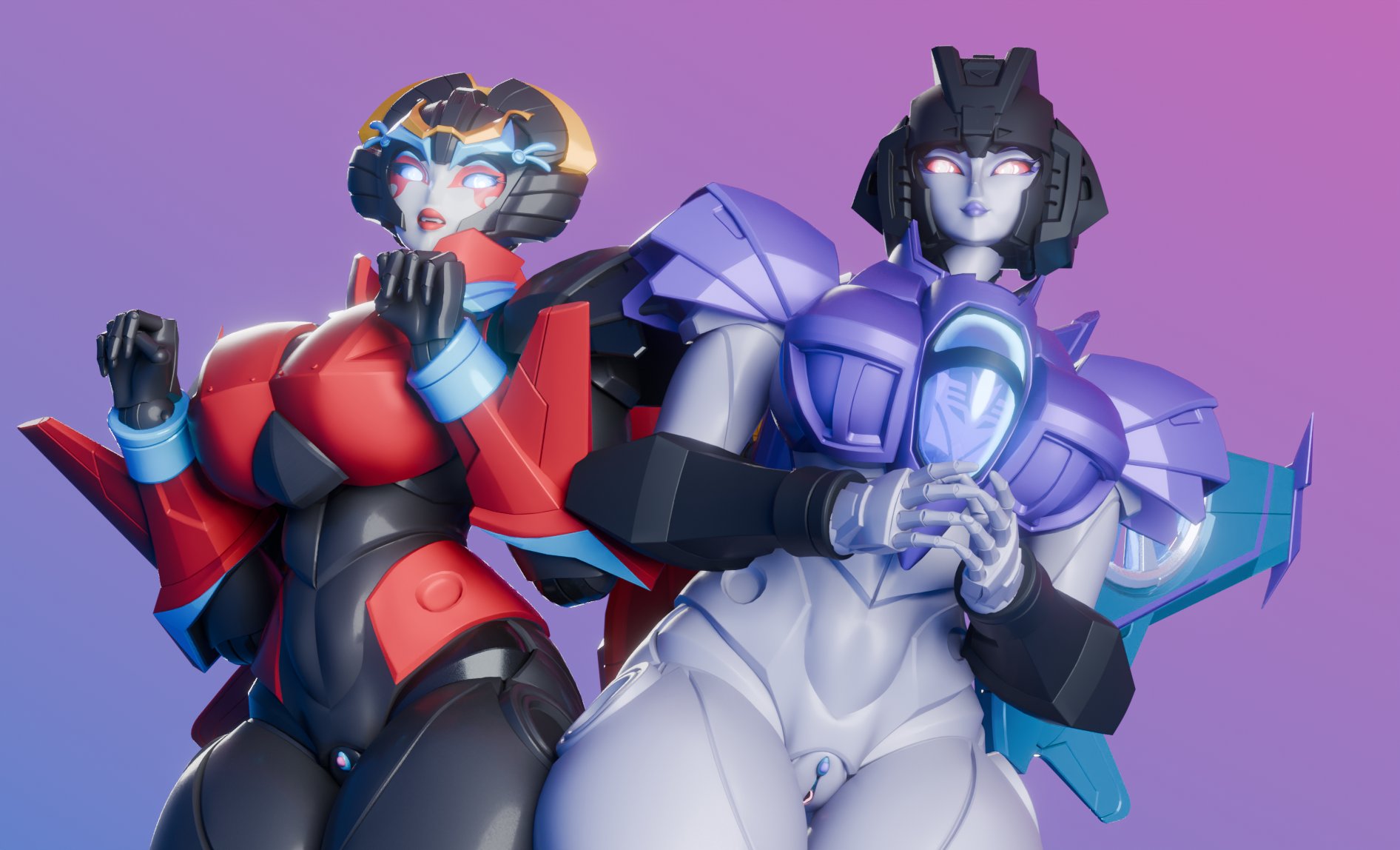 3d, 3d (artwork), big breasts, blue eyes, covered breasts, cybertronian, female, purple lipstick, red eyes, red lipstick, robot, robot girl, slipstream, soundpunk501, thick thighs, transformers, windblade