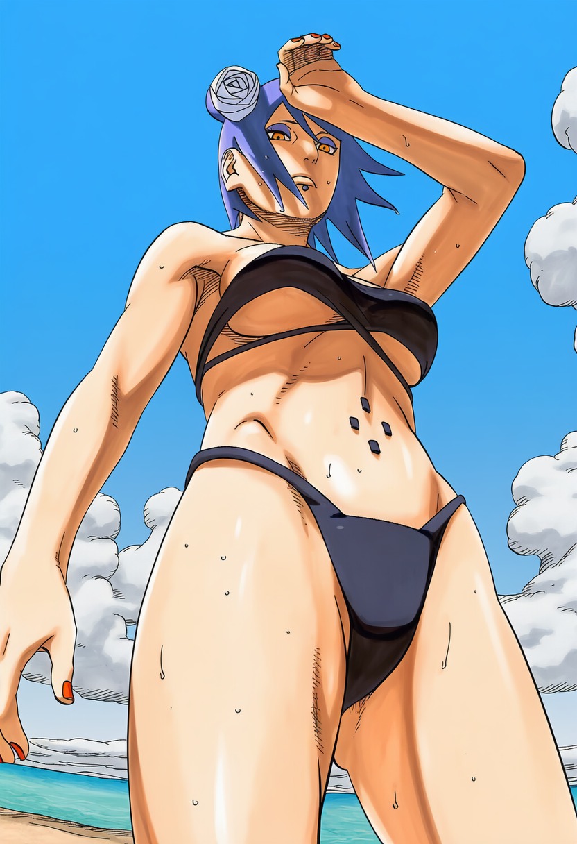1girls, accurate art style, ai generated, beach, big breasts, bikini, bikini bottom, bikini top, black bikini, blue hair, blue panties, blue swimsuit, breasts, busty, cleavage, curvaceous, curvy, curvy figure, eyeshadow, female, female only, hair flower, konan, large breasts, light skin, light-skinned female, lips, lipstick, looking at viewer, makeup, manga page, masashi kishimoto style, naruto, naruto (series), naruto shippuden, ocean, orange eyes, outdoors, outside, pink lipstick, pinup, pose, posing, shounen jump, sideboob, solo, solo female, solo focus, standing, swimsuit, thighs, underboob, voluptuous, wide hips, wiping sweat, ㅇㅇ