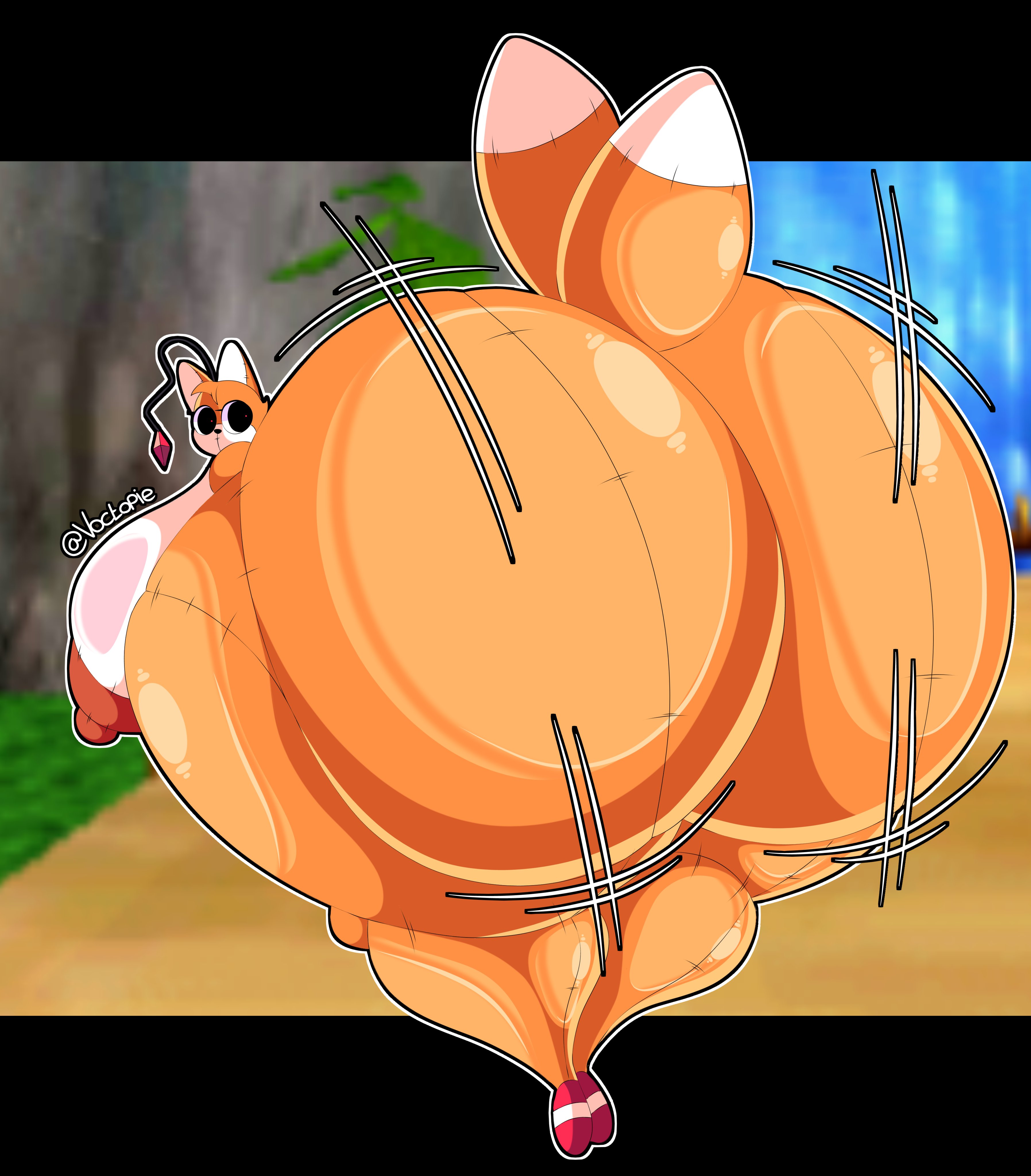 big breasts, big nipples, breasts, creepypasta, fat ass, female, hyper ass, looking at viewer, looking back, shaking ass, shaking butt, solo, sonic (series), sonic r, tails, tails doll, tailsko doll, thick ass, thick thighs, twerking, voctopie