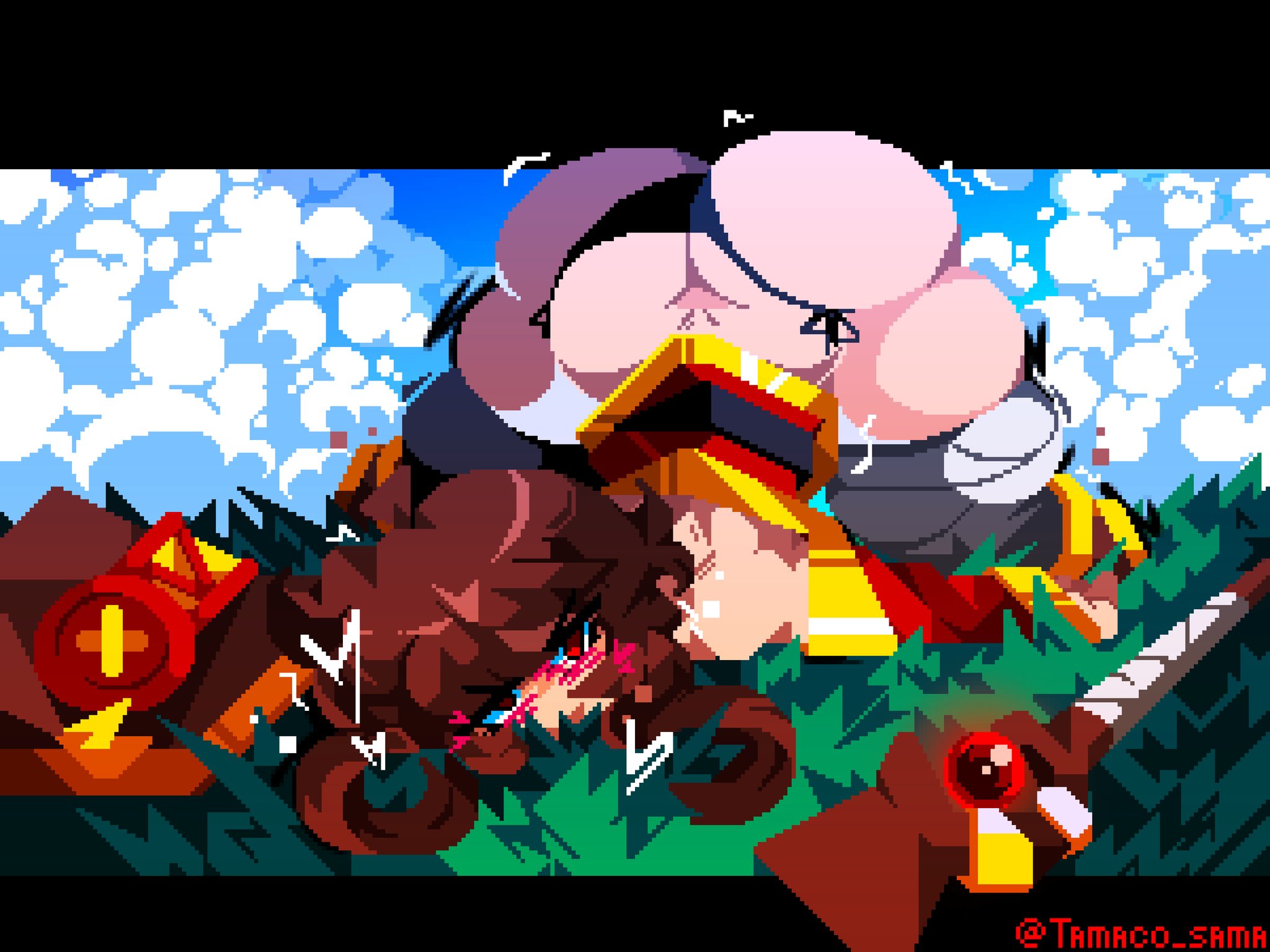 1girls, 2025, ass, ass focus, ass up, background, big ass, big thighs, black panties, blush, blushing at viewer, blushing female, brown hair, commission, female, heart, kono subarashii sekai ni shukufuku wo!, looking at viewer, megumin, outdoors, pixel art, red eyes, tamaco, thick thighs, thighhighs, thighs, watermark, wide hips, witch, witch hat
