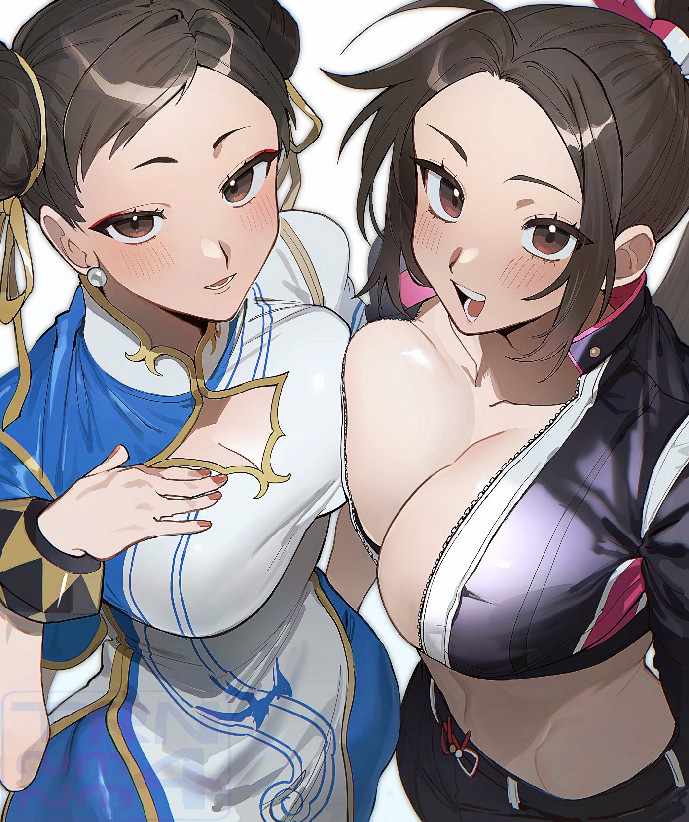 2girls, asymmetrical docking, black pants, blue leggings, blush, blush lines, blushing, bracelet, bracelets, breast press, breasts, brown eyes, brown hair, capcom, china dress, chinese clothes, chun-li, chun-li (street fighter 6), cleavage, cleavage cutout, clothing cutout, colored nails, commentary, cropped jacket, double bun, dress, earrings, fatal fury, fatal fury: city of the wolves, female, friends, from above, hair bun, hair buns, hand on own chest, high ponytail, highres, jewelry, king of fighters, large breasts, leggings, light smile, looking at viewer, mai shiranui, mai shiranui (city of the wolves), midriff, multiple females, multiple girls, navel, no bra, open mouth, painted fingernails, painted nails, pants, parted bangs, partially unzipped, ponytail, red nail polish, red nails, simple background, smile, snk, street fighter, street fighter 6, symbol-only commentary, teeth, the king of fighters, trnnmnm4, watermark, white background, zipper