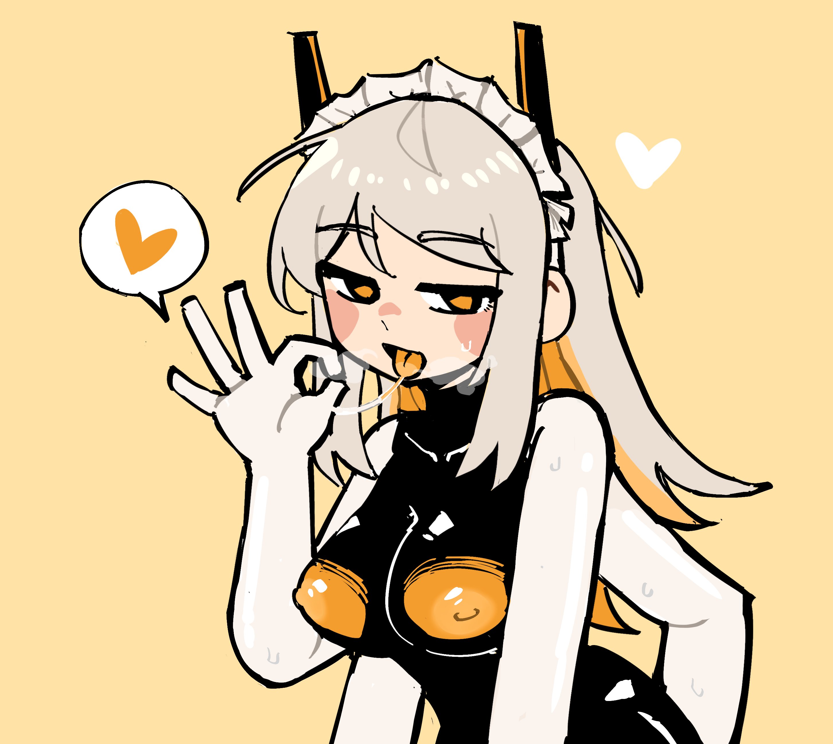 1girls, 4 arms, big breasts, blowjob gesture, blush, breasts, female, gesture, hair ornament, heart, long hair, looking at viewer, lunatheri, maid headdress, nipples, open mouth, orion (alterkyon), partially clothed, presenting, saliva, smile, solo, standing, sweat, tongue out, white hair, yellow eyes